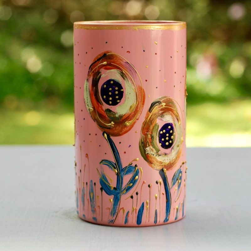 Glazen handgeschilderde cilinder bloemenvaas licht roos