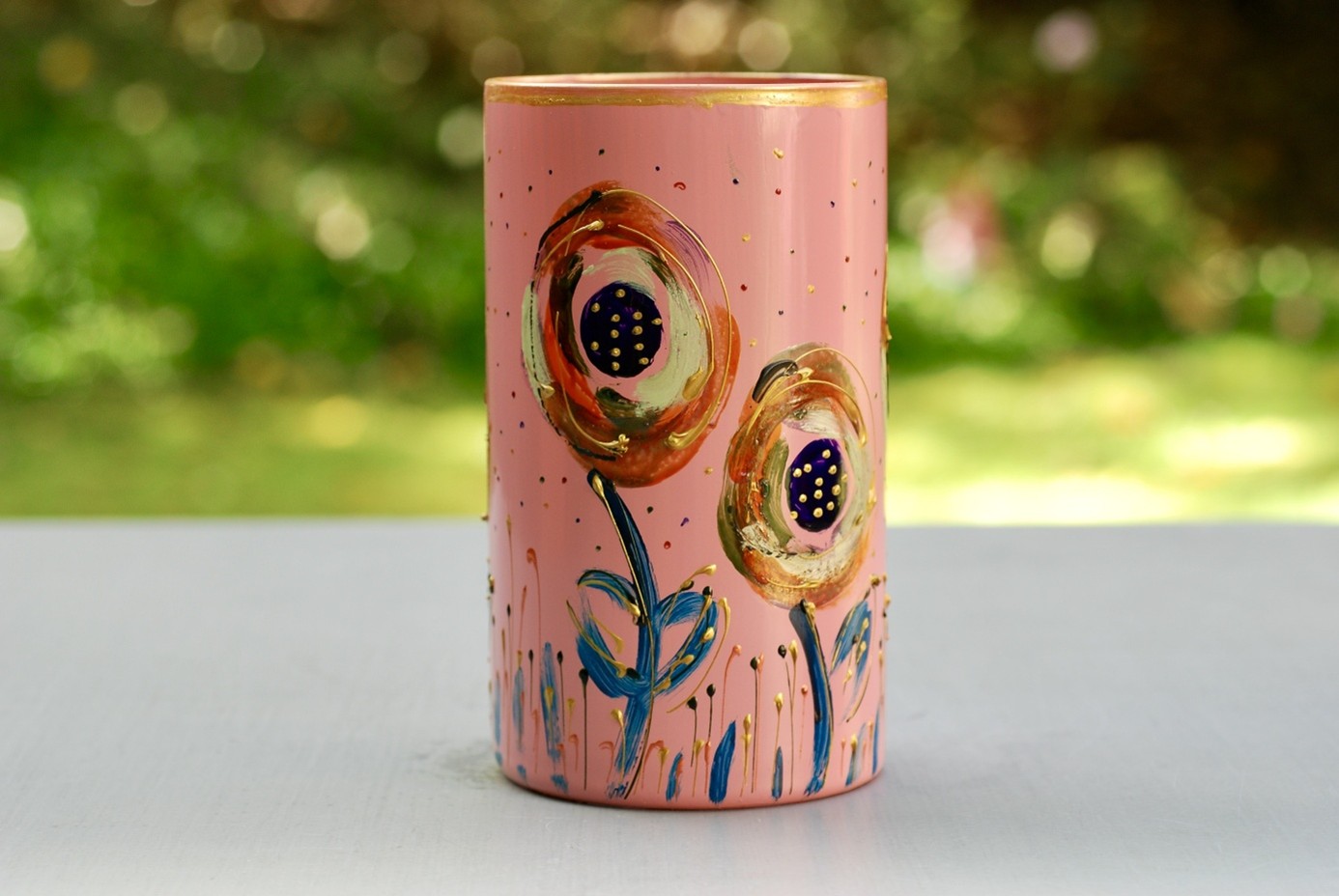 Glazen handgeschilderde cilinder bloemenvaas licht roos