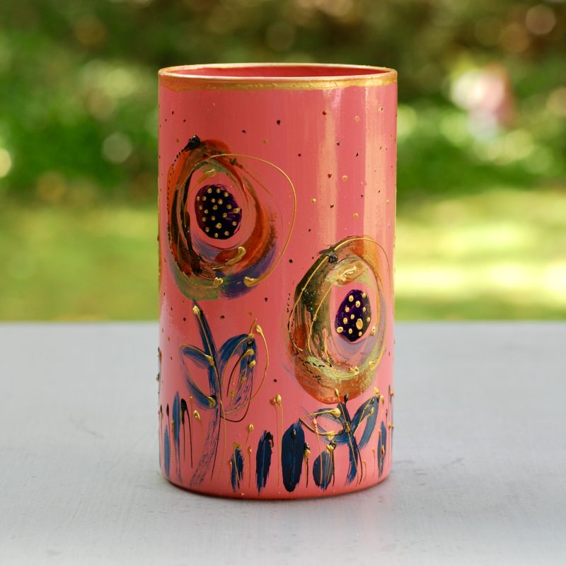 Glazen handbeschilderde cilinder bloemenvaas roze