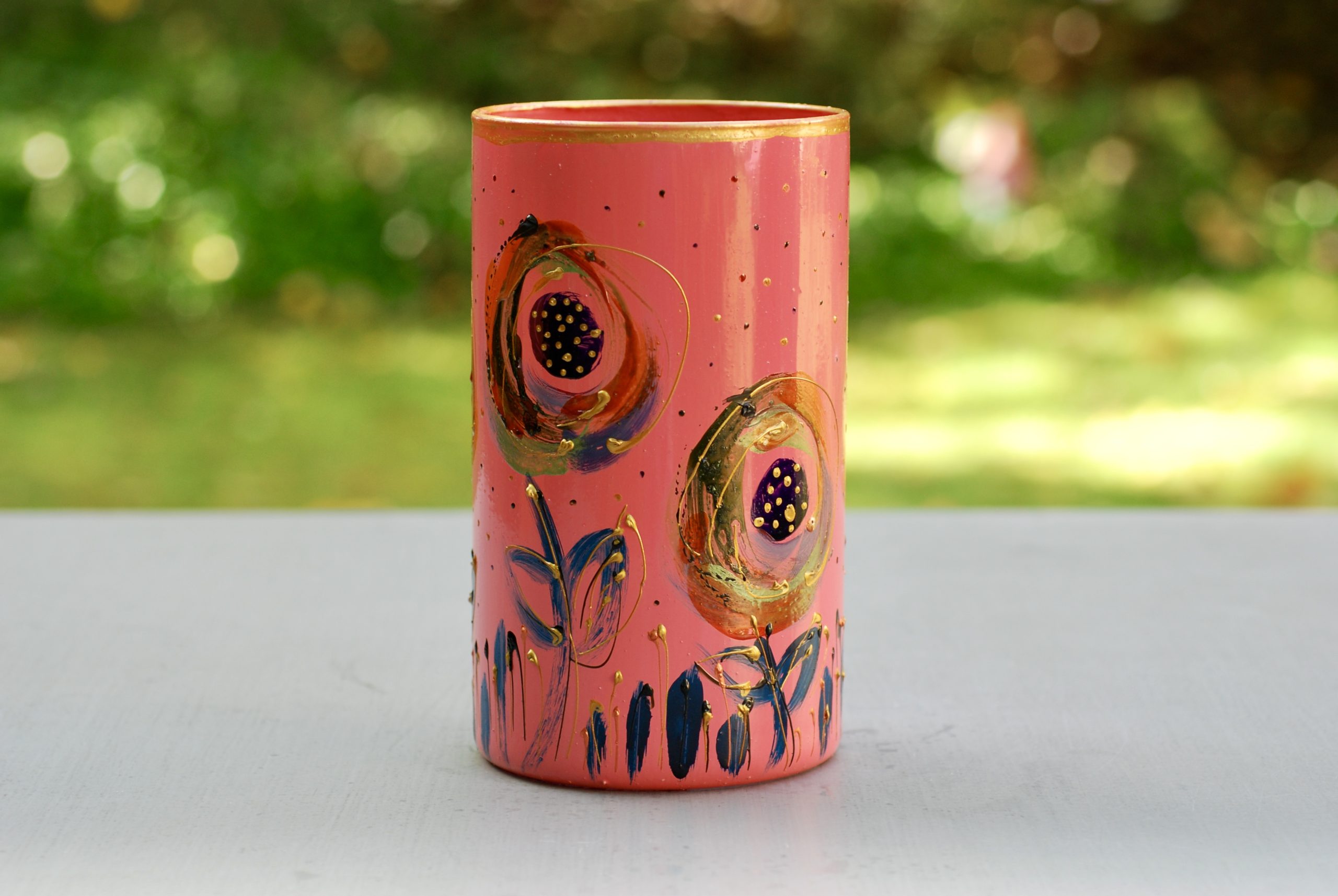 Glazen handbeschilderde cilinder bloemenvaas roze