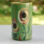 Glazen handbeschilderde cilinder bloemenvaas khaki groen