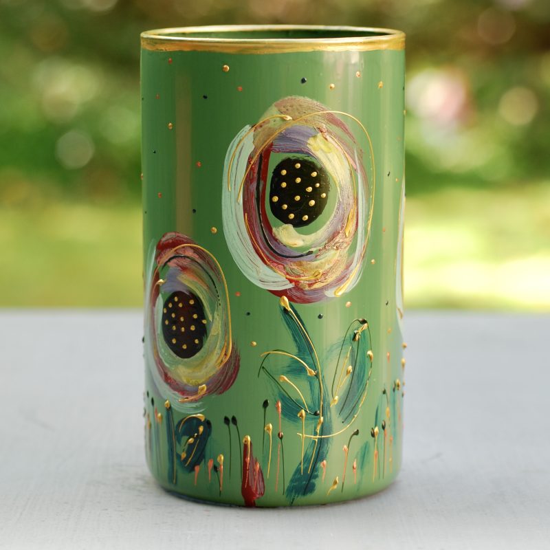 Glazen handbeschilderde cilinder bloemenvaas khaki groen