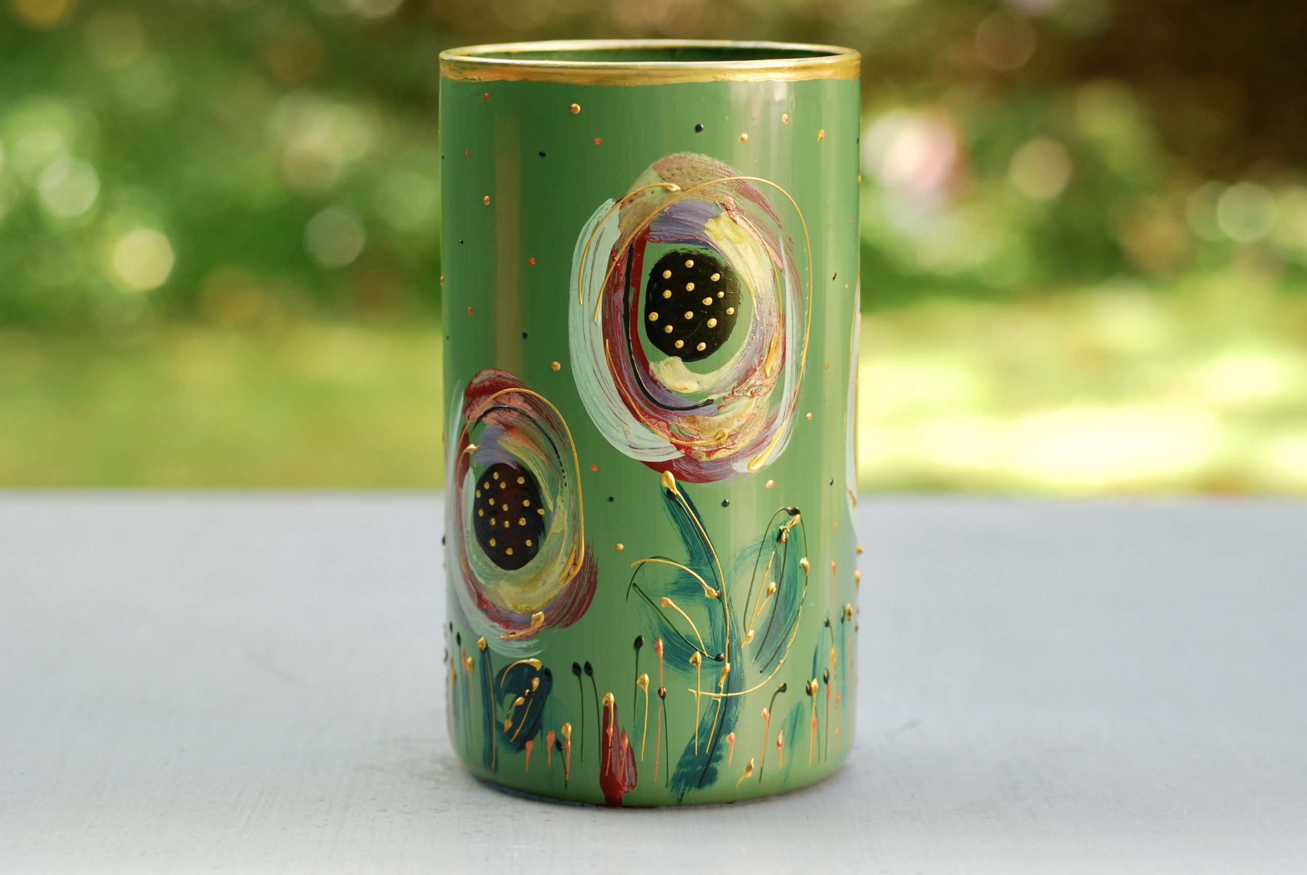 Glazen handbeschilderde cilinder bloemenvaas khaki groen