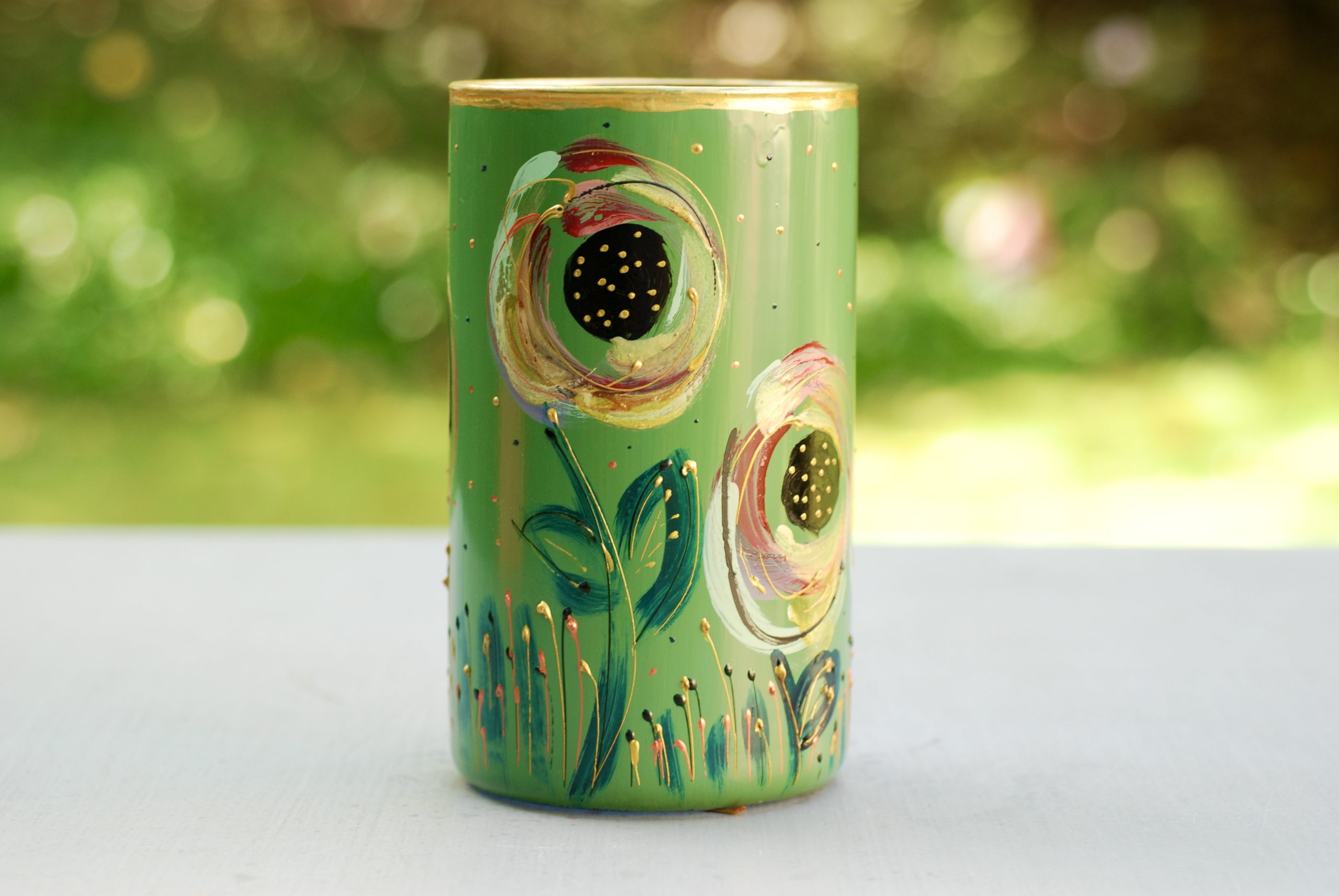 Glazen handbeschilderde cilinder bloemenvaas khaki groen