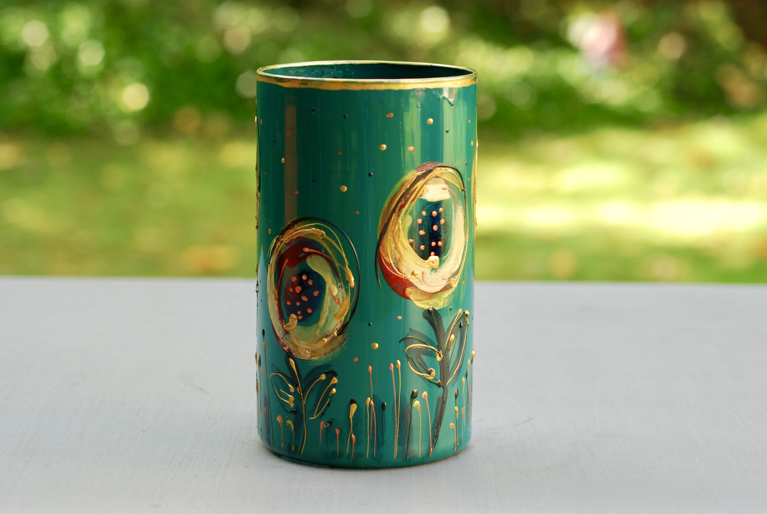 Glazen handbeschilderde cilinder bloemenvaas groen