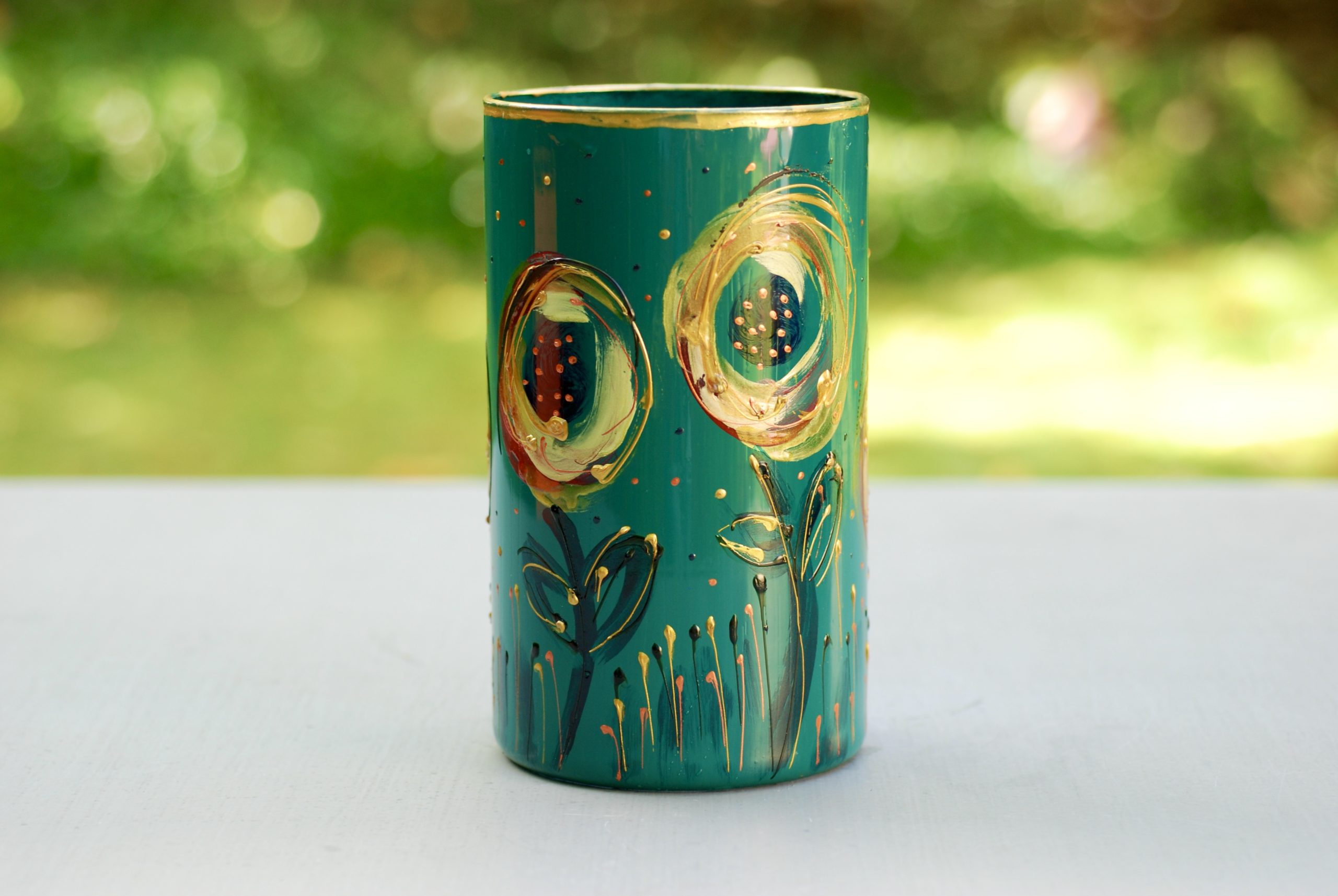 Glazen handbeschilderde cilinder bloemenvaas groen