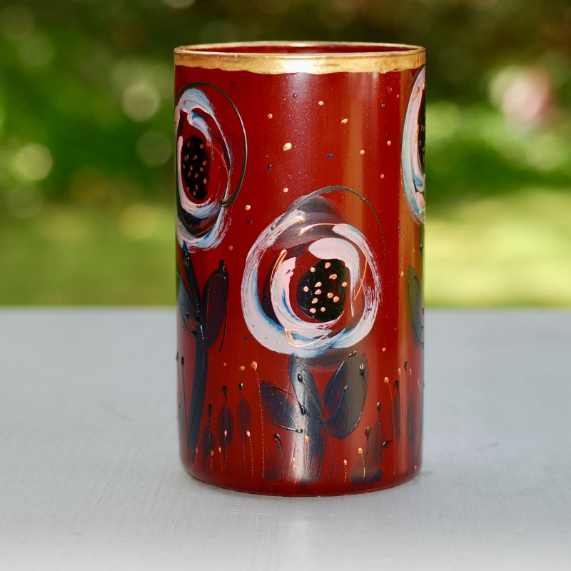 Glazen handbeschilderde cilinder bloemenvaas donker rood