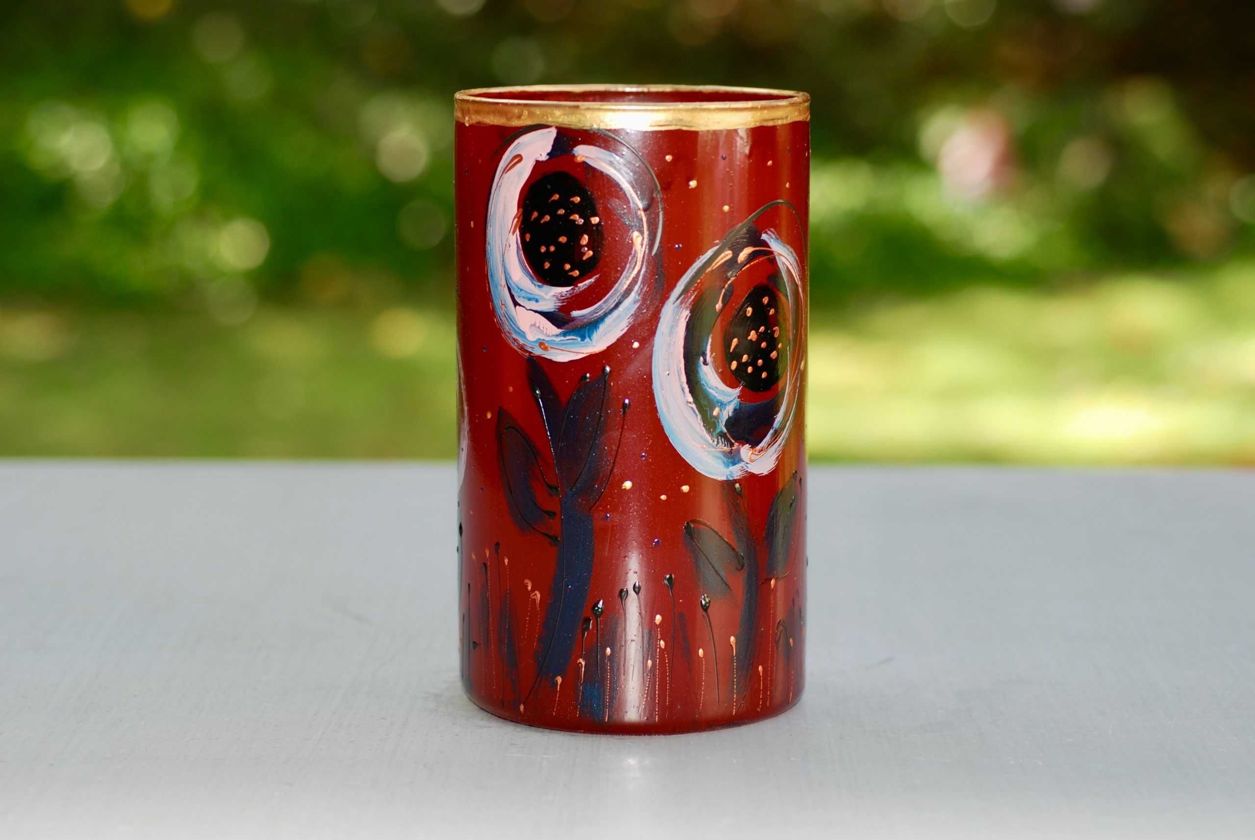 Glazen handbeschilderde cilinder bloemenvaas donker rood