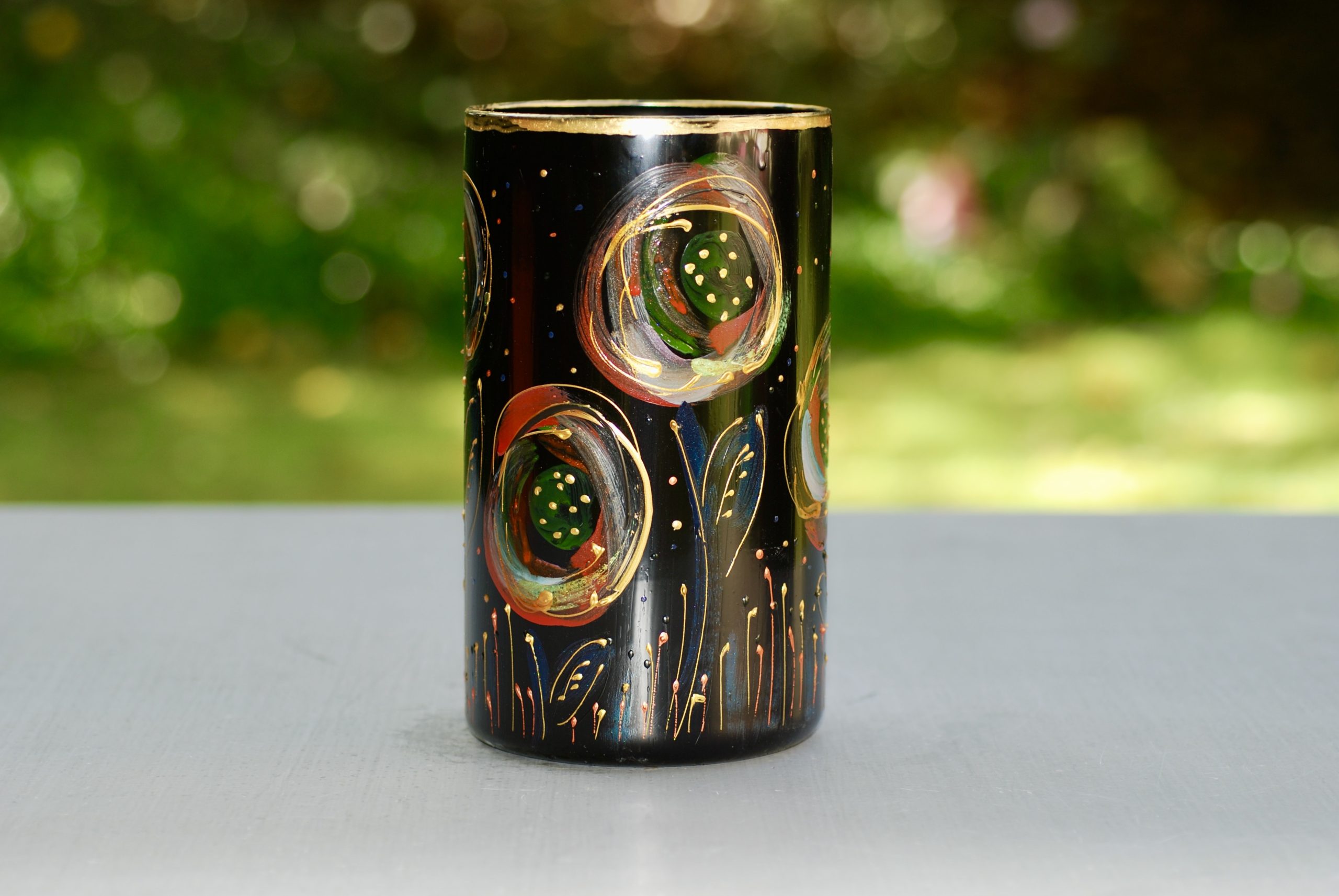 Glazen handbeschilderde cilinder bloemenvaas zwart