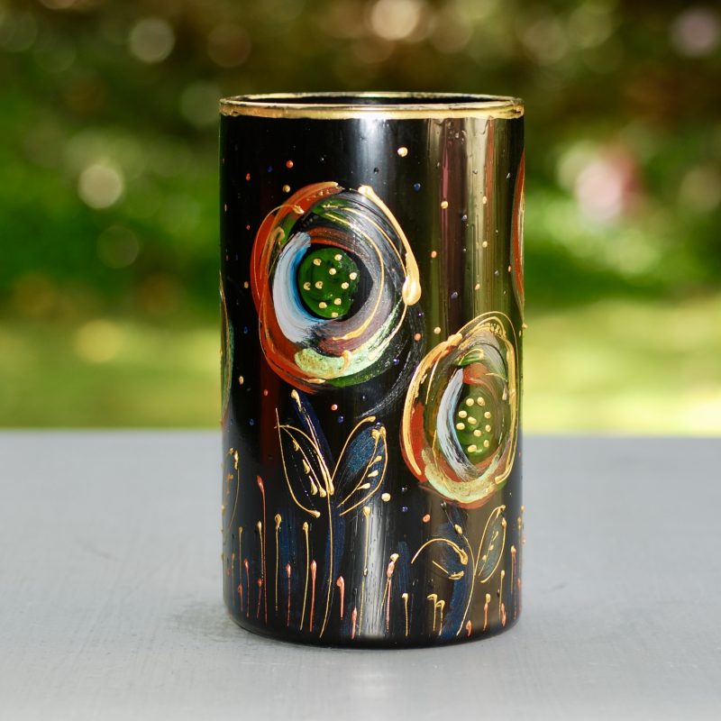 Glazen handbeschilderde cilinder bloemenvaas zwart