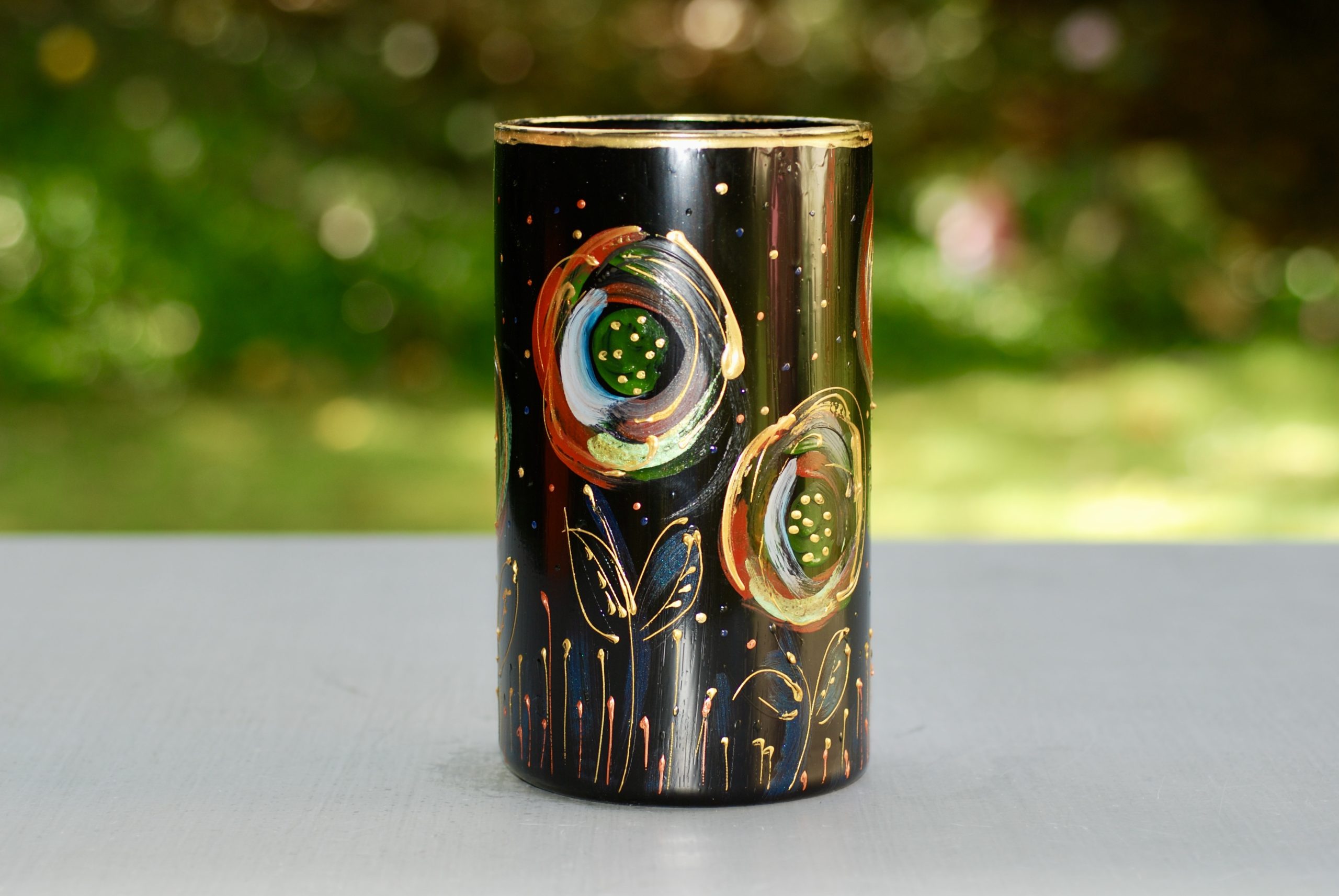 Glazen handbeschilderde cilinder bloemenvaas zwart