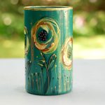 Glazen handbeschilderde cilinder bloemenvaas groen