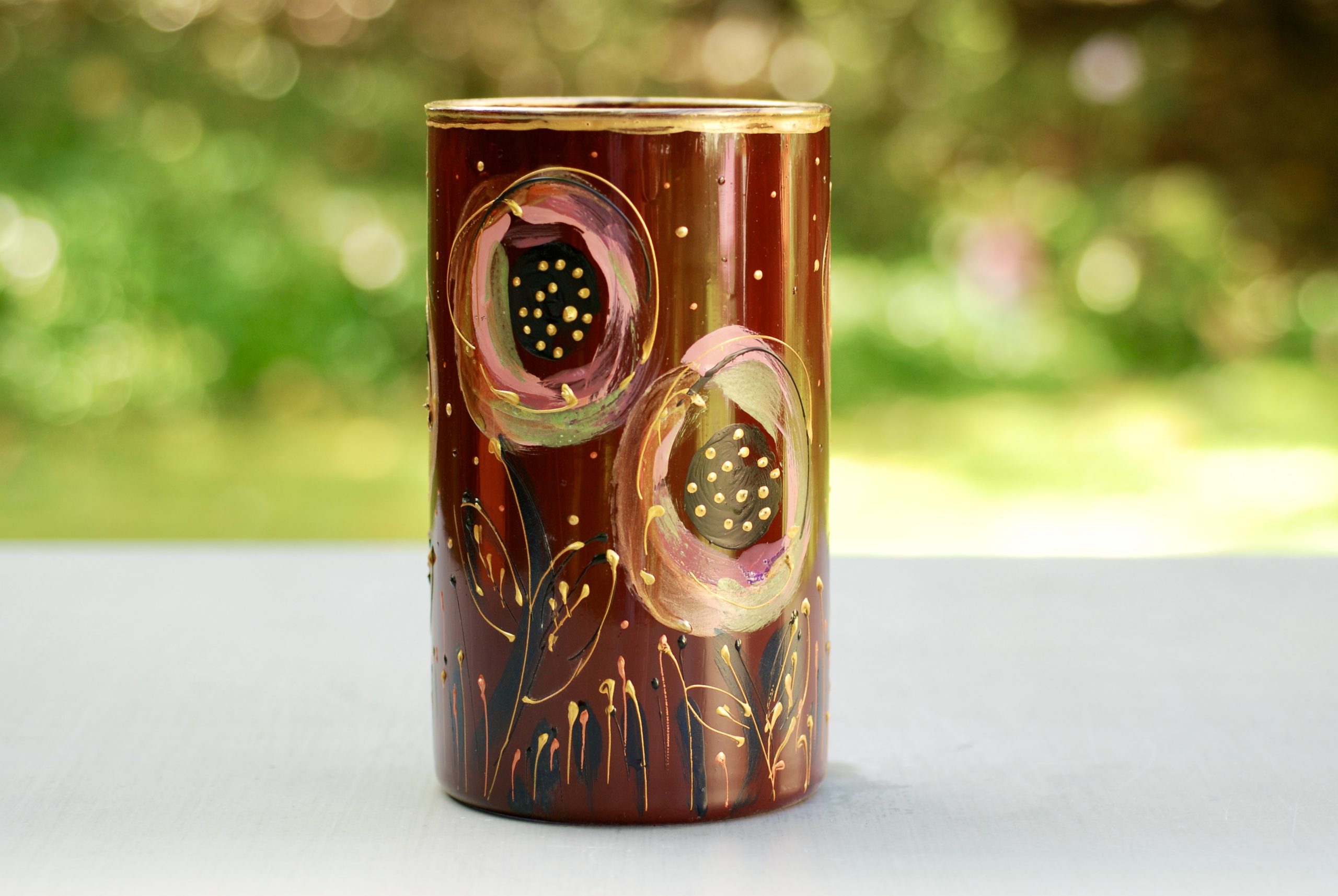 Glazen handbeschilderde cilinder bloemenvaas bordeaux