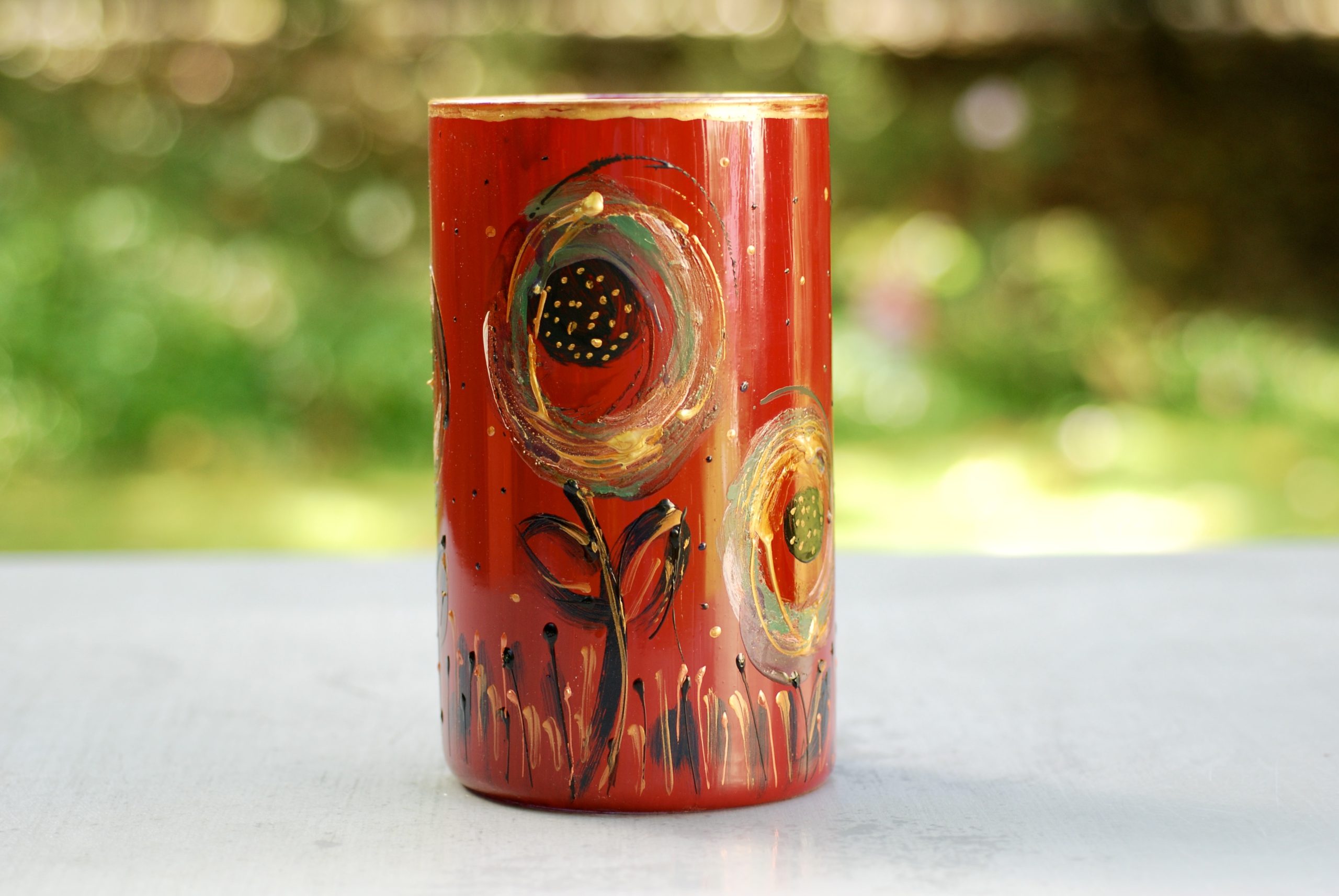 Glazen handbeschilderde cilinder bloemenvaas rood