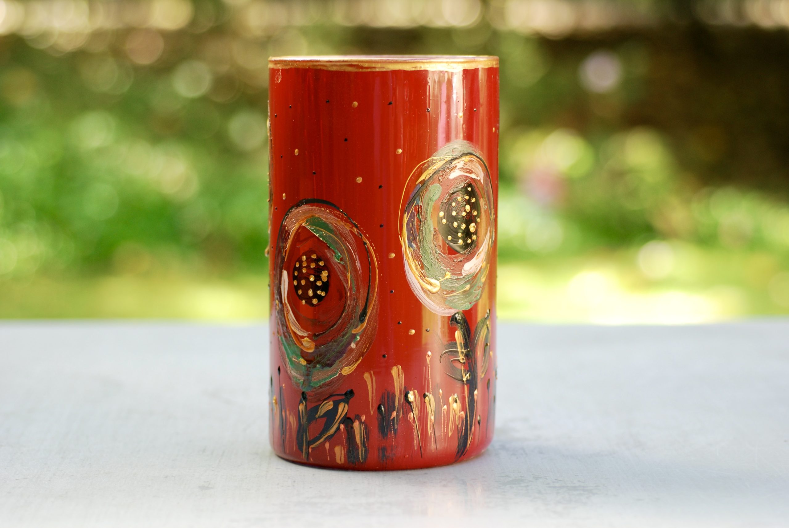 Glazen handbeschilderde cilinder bloemenvaas rood