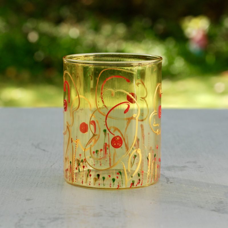 Glazen handgeschilderde bloemenvaas geel