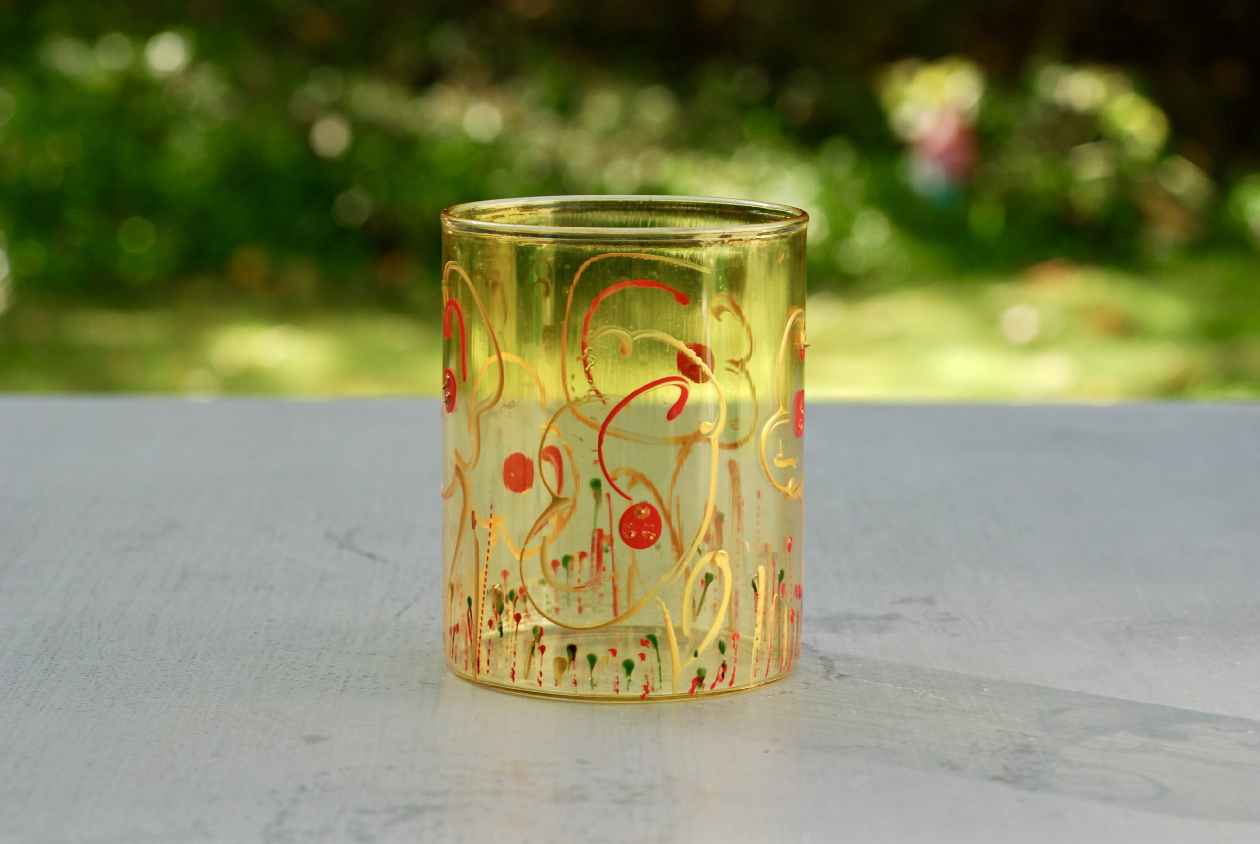 Glazen handgeschilderde bloemenvaas geel