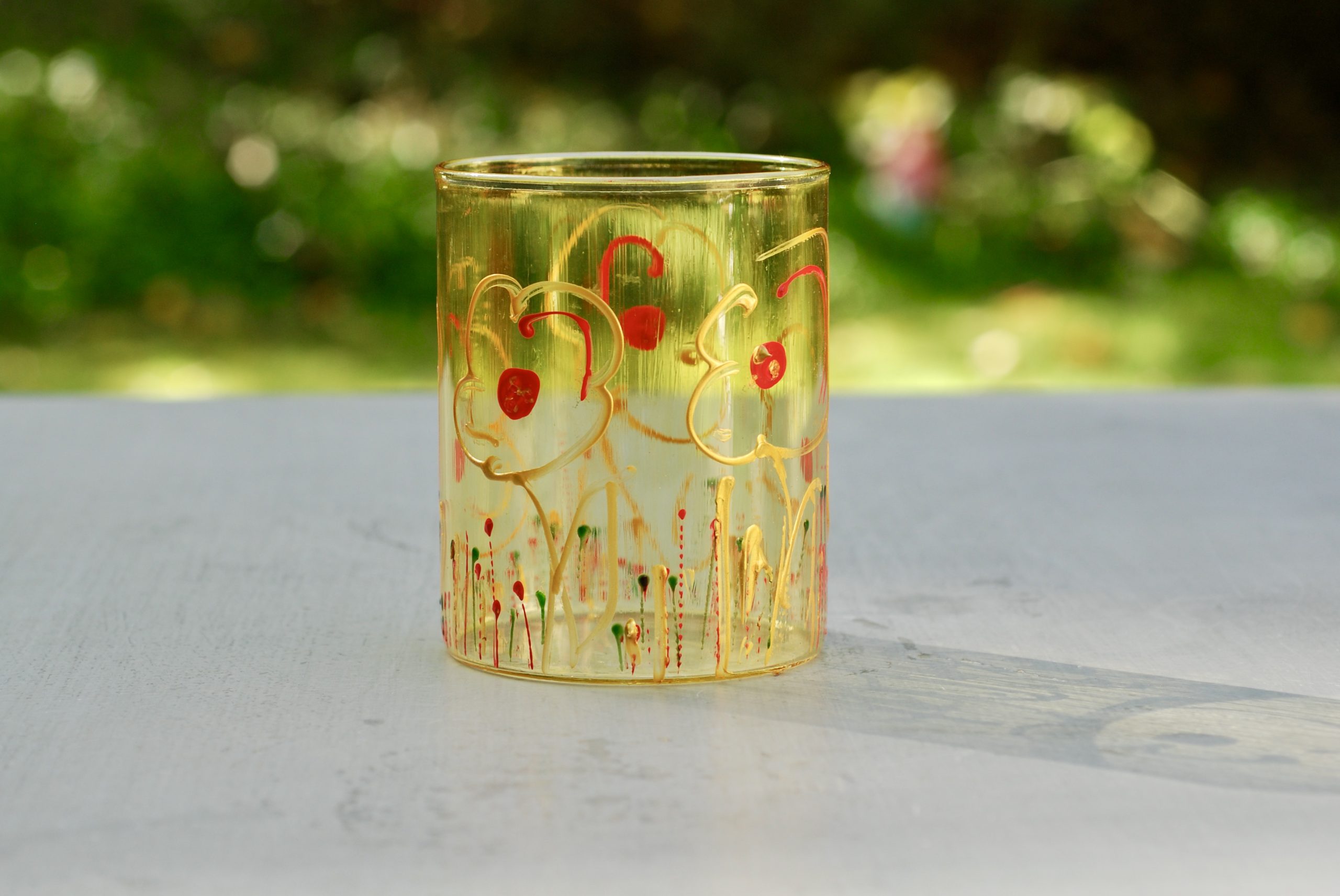 Glazen handgeschilderde bloemenvaas geel