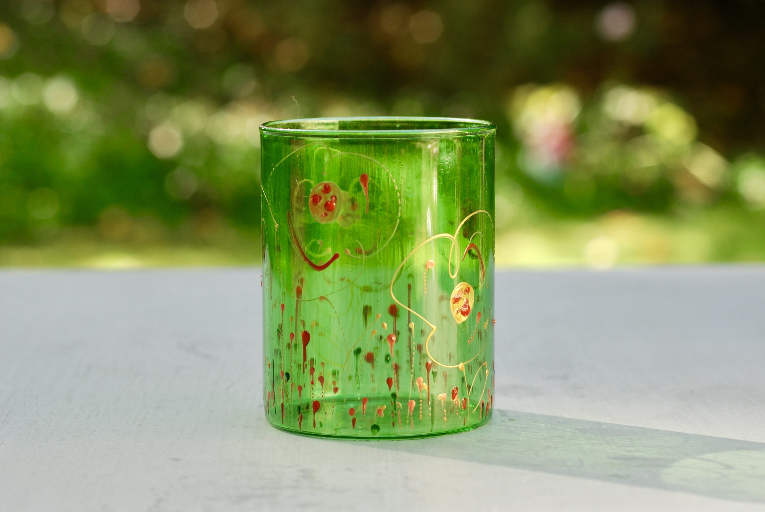 Glazen handgeschilderde bloemenvaas groen