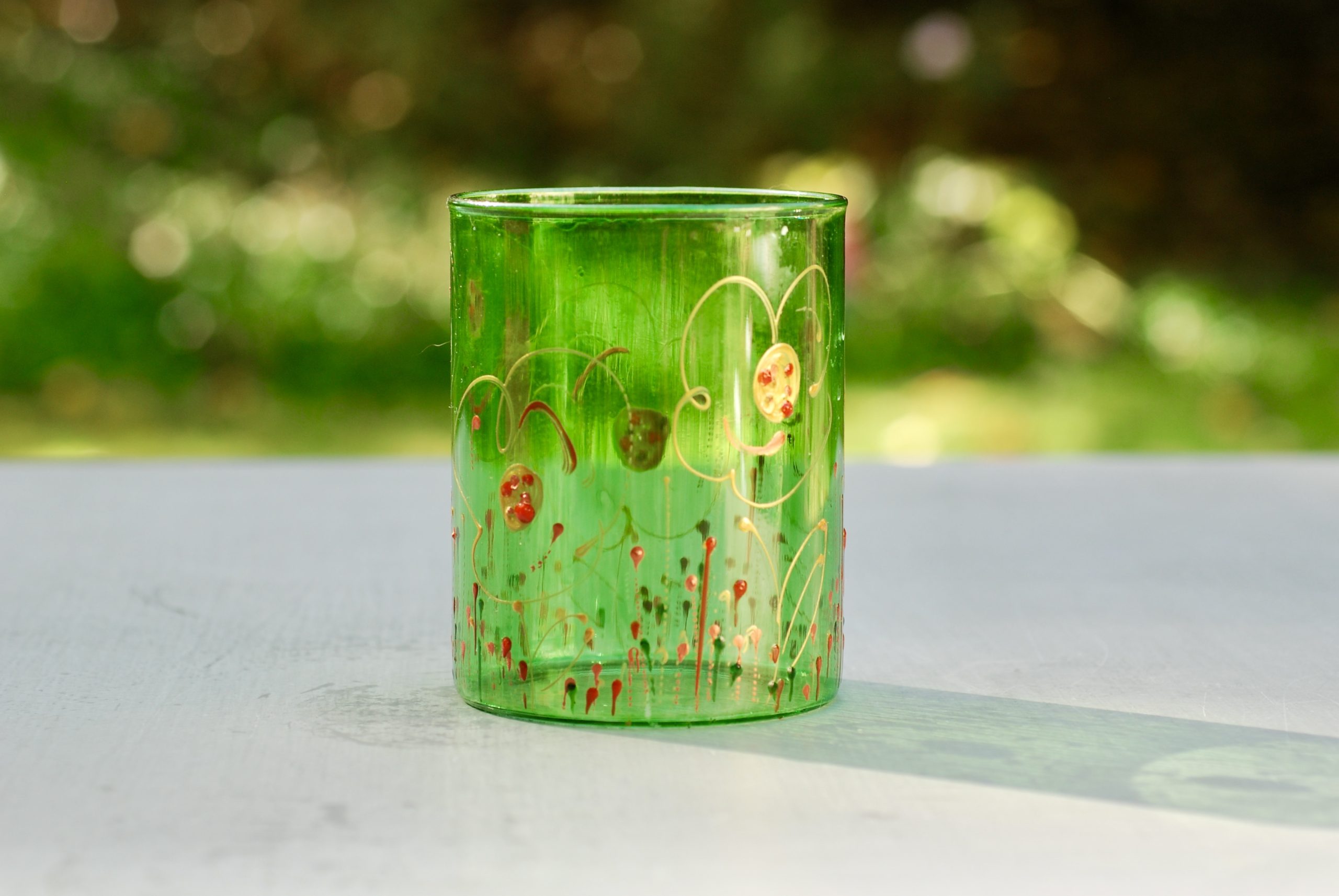 Glazen handgeschilderde bloemenvaas groen