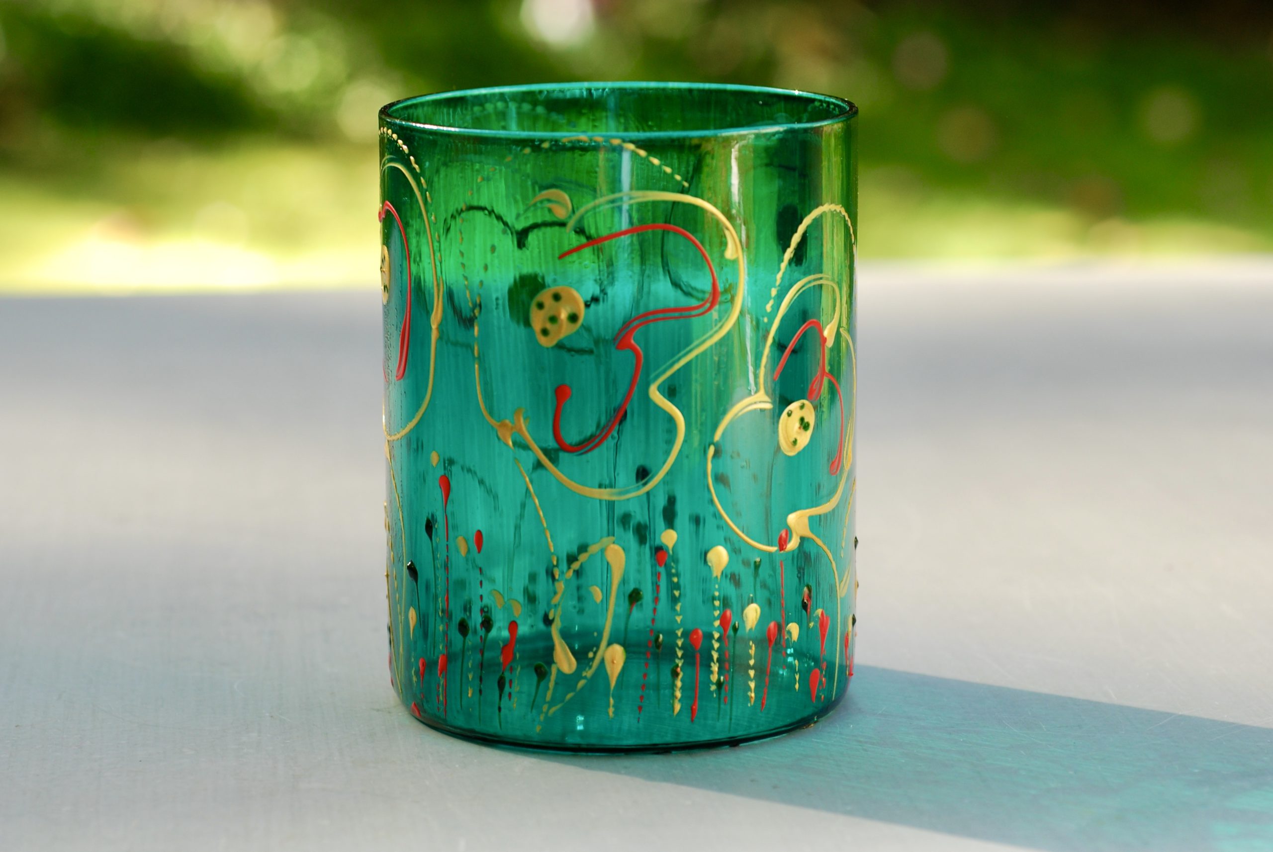 Glazen handgeschilderde bloemenvaas turkoois