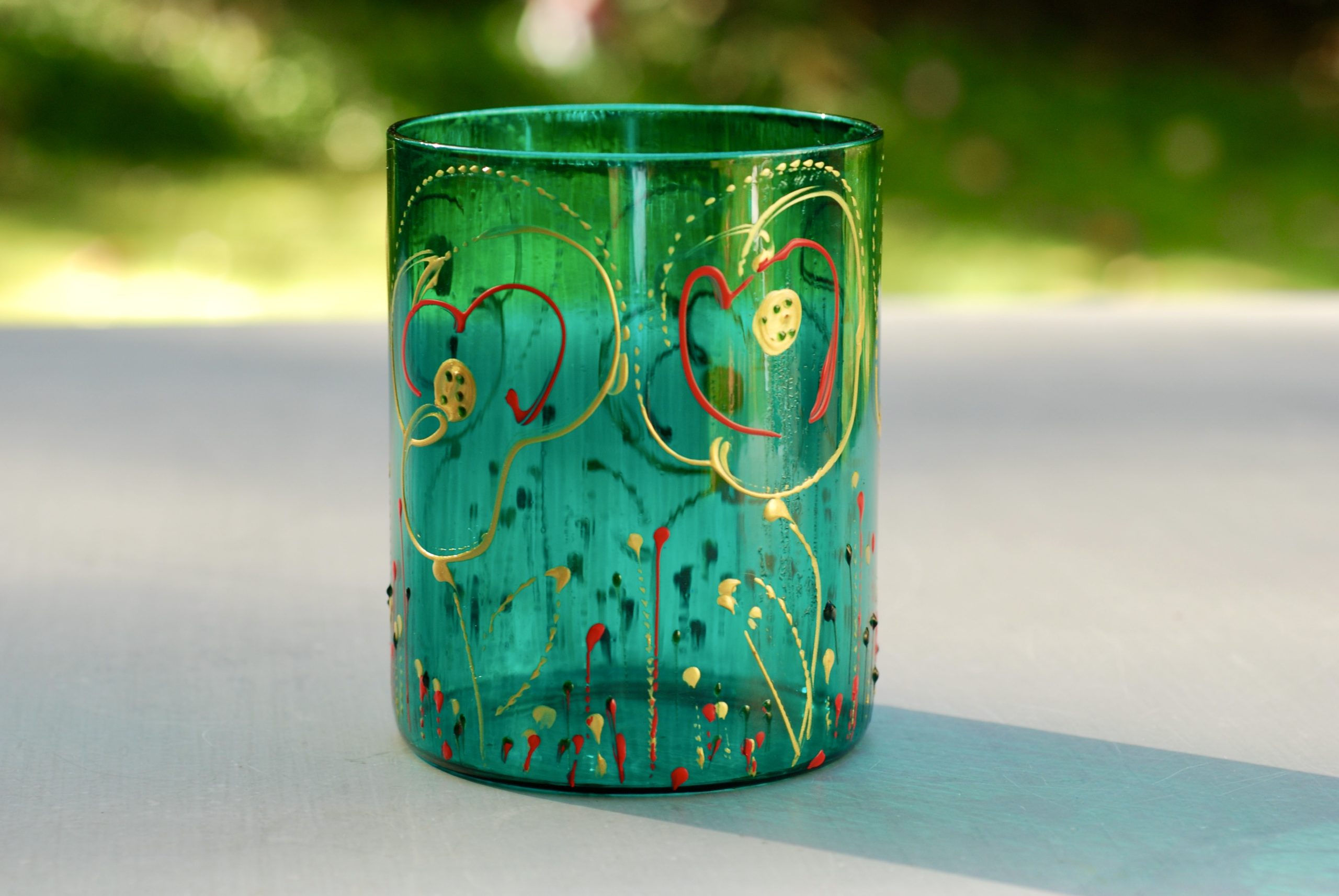 Glazen handgeschilderde bloemenvaas turkoois