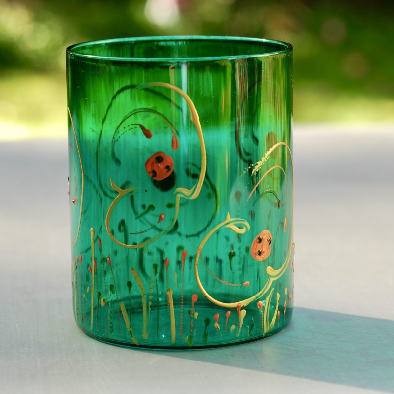 Glazen handgeschilderde bloemenvaas groen