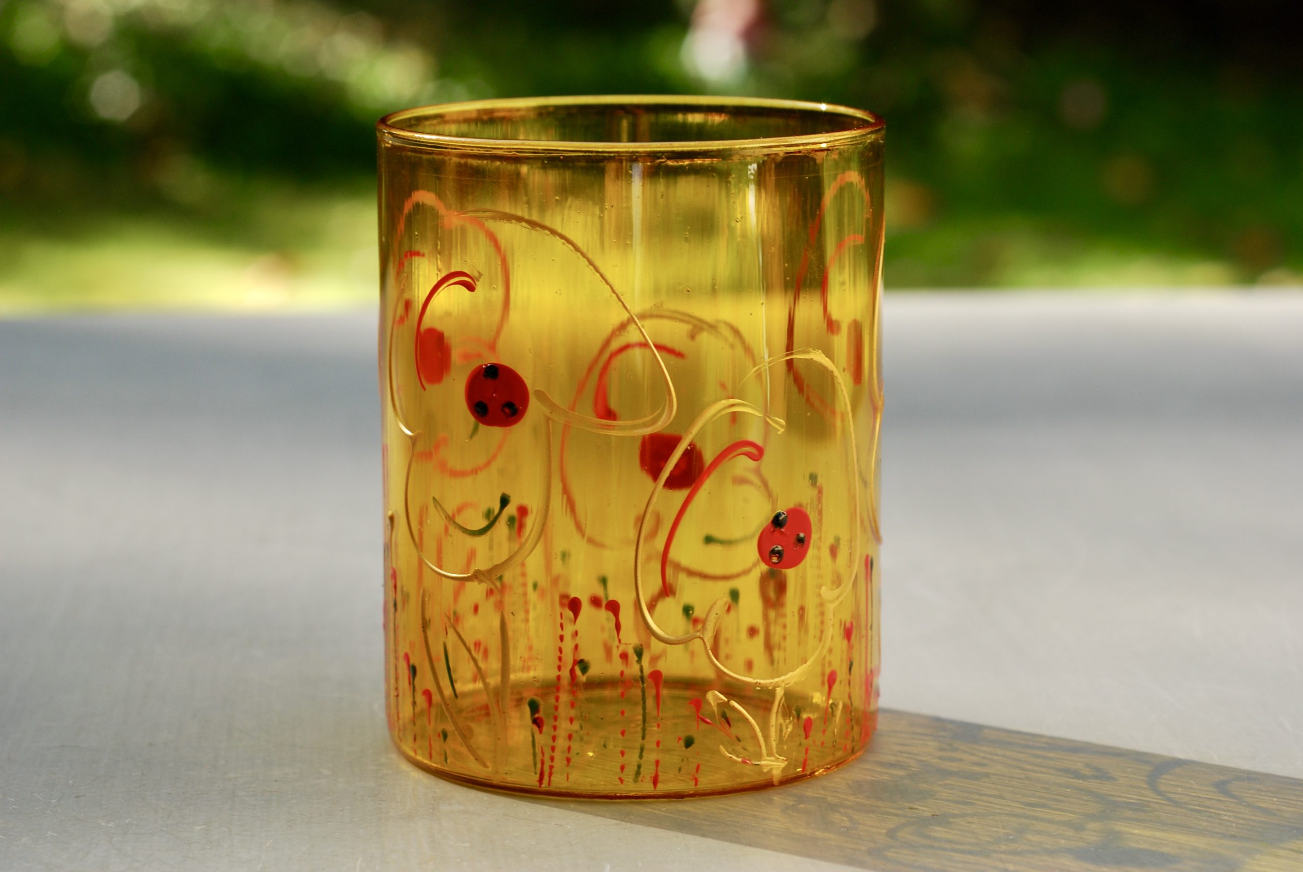 Glazen handgeschilderde bloemenvaas bruin