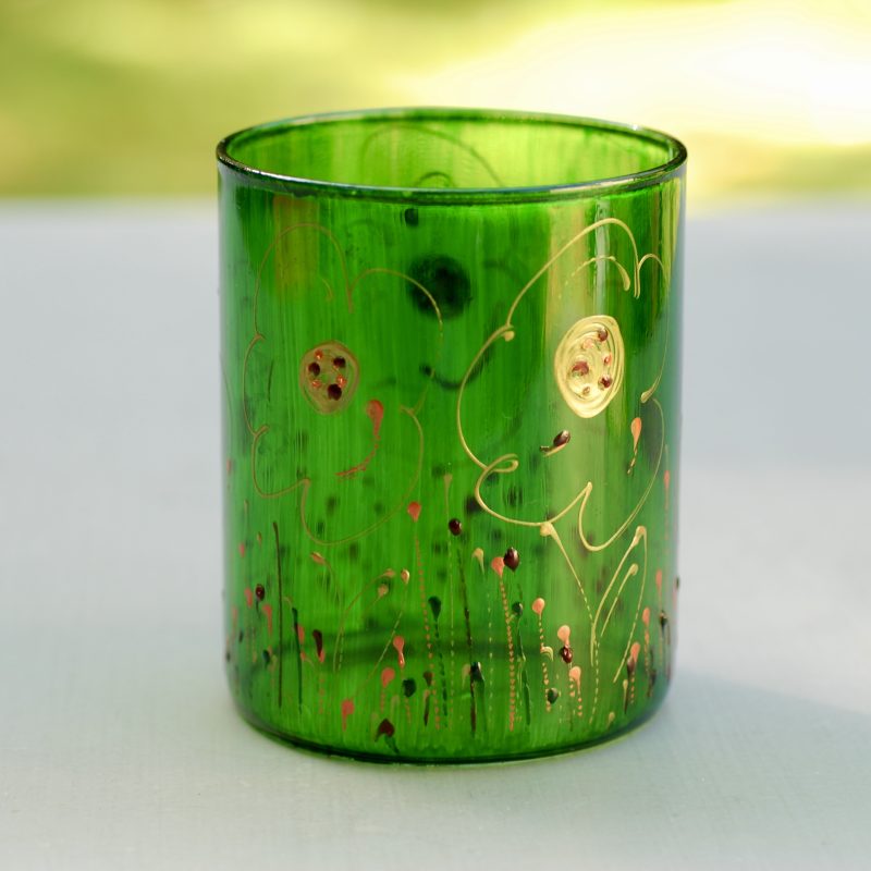 Glazen handgeschilderde bloemenvaas groen