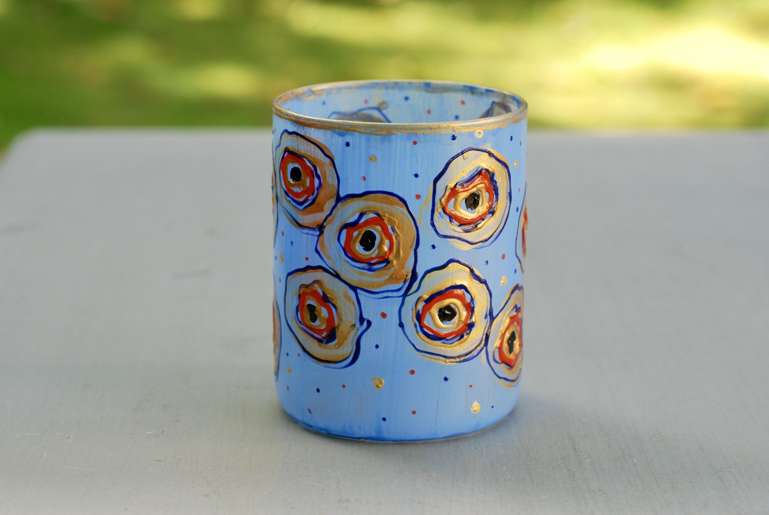 Glazen handgeschilderde bloemenvaas blauw