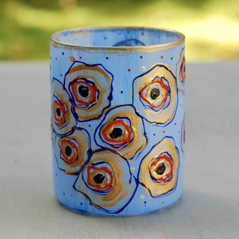 Glazen handgeschilderde bloemenvaas blauw