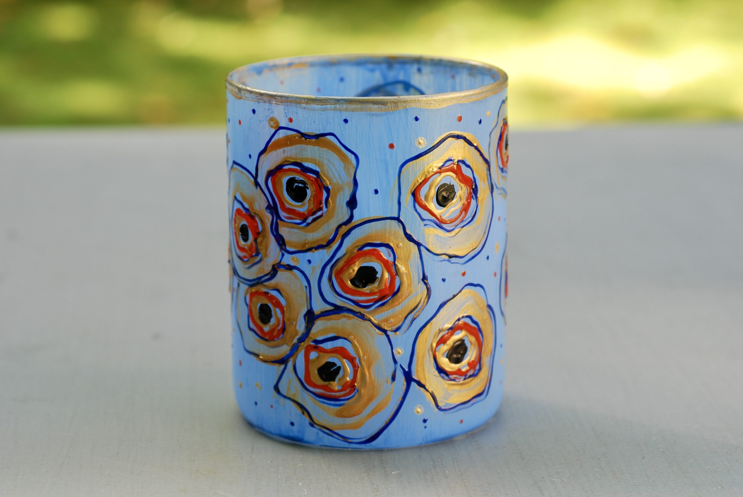 Glazen handgeschilderde bloemenvaas blauw