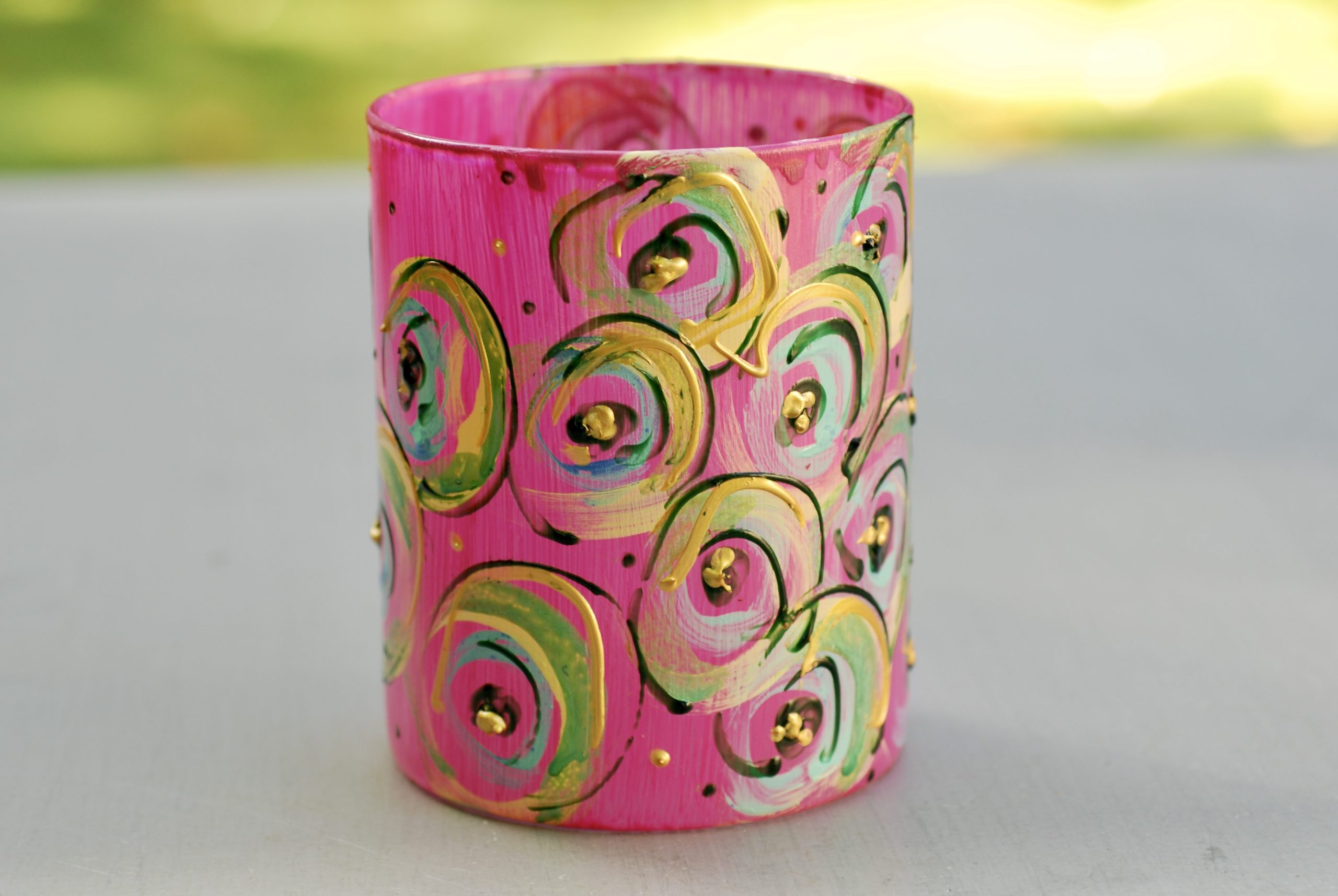 Glazen handgeschilderde bloemenvaas fushia roze