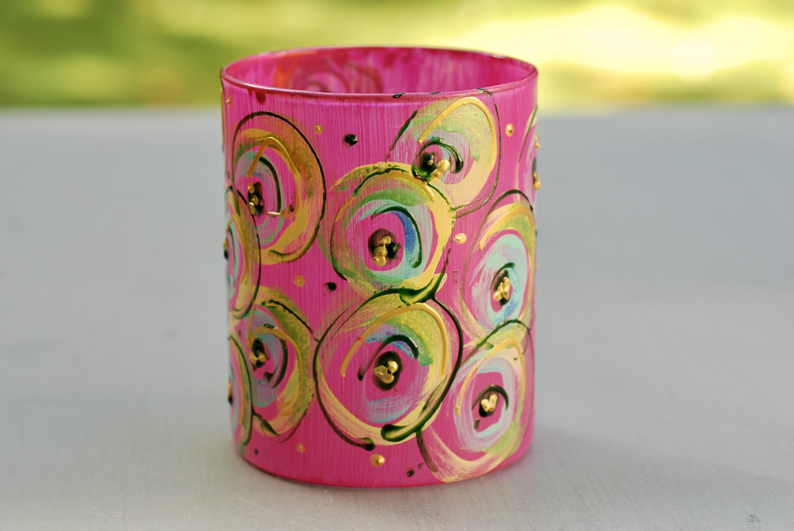 Glazen handgeschilderde bloemenvaas fushia roze