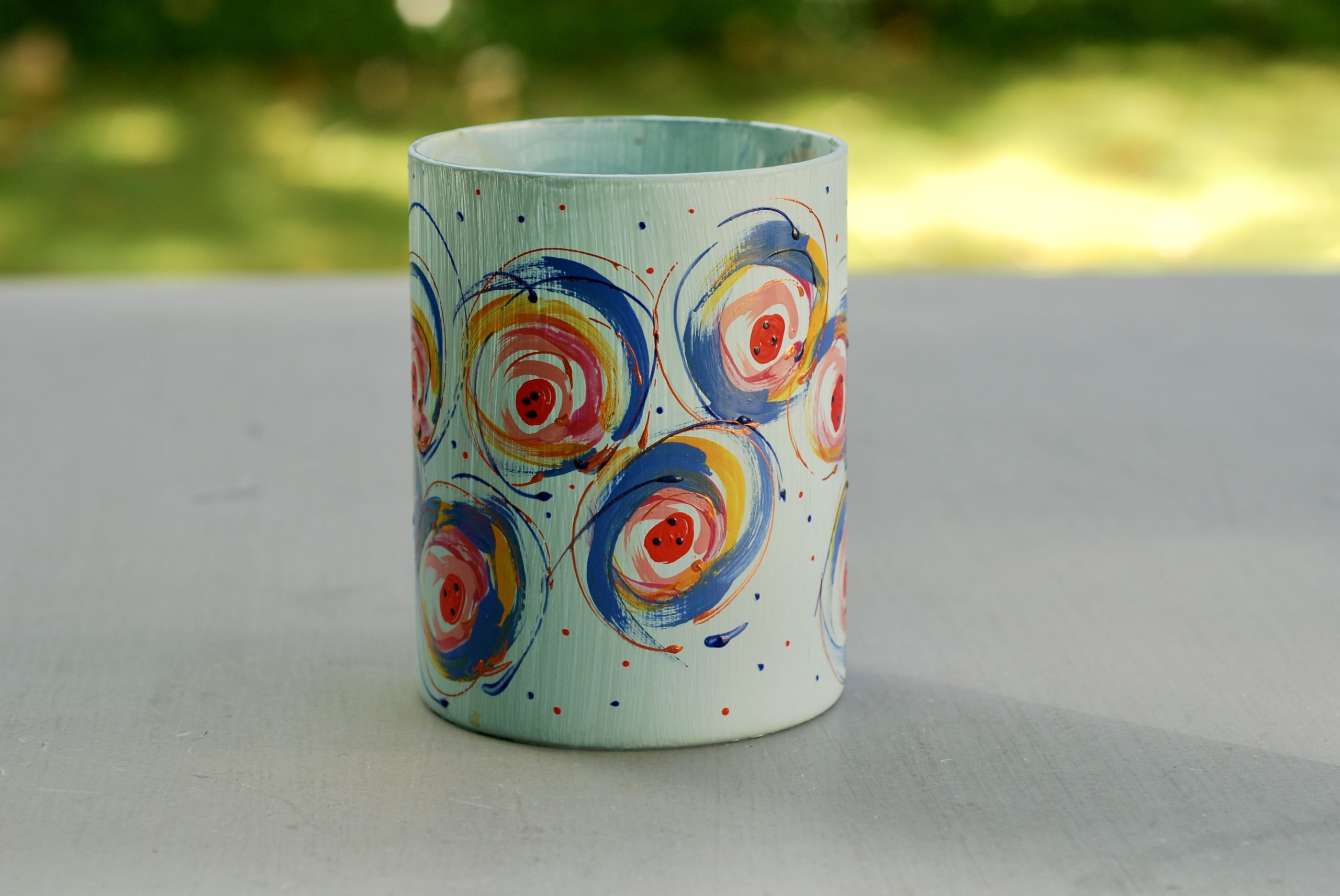 Glazen handgeschilderde bloemenvaas blauw