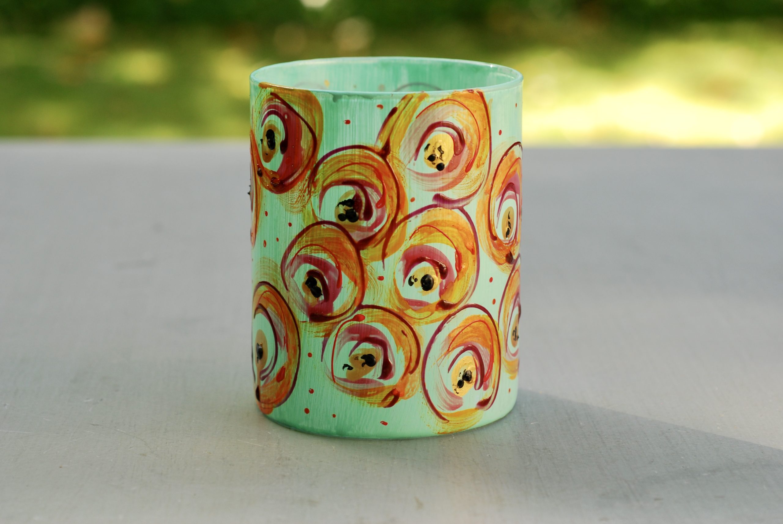 Glazen handgeschilderde bloemenvaas turkoois