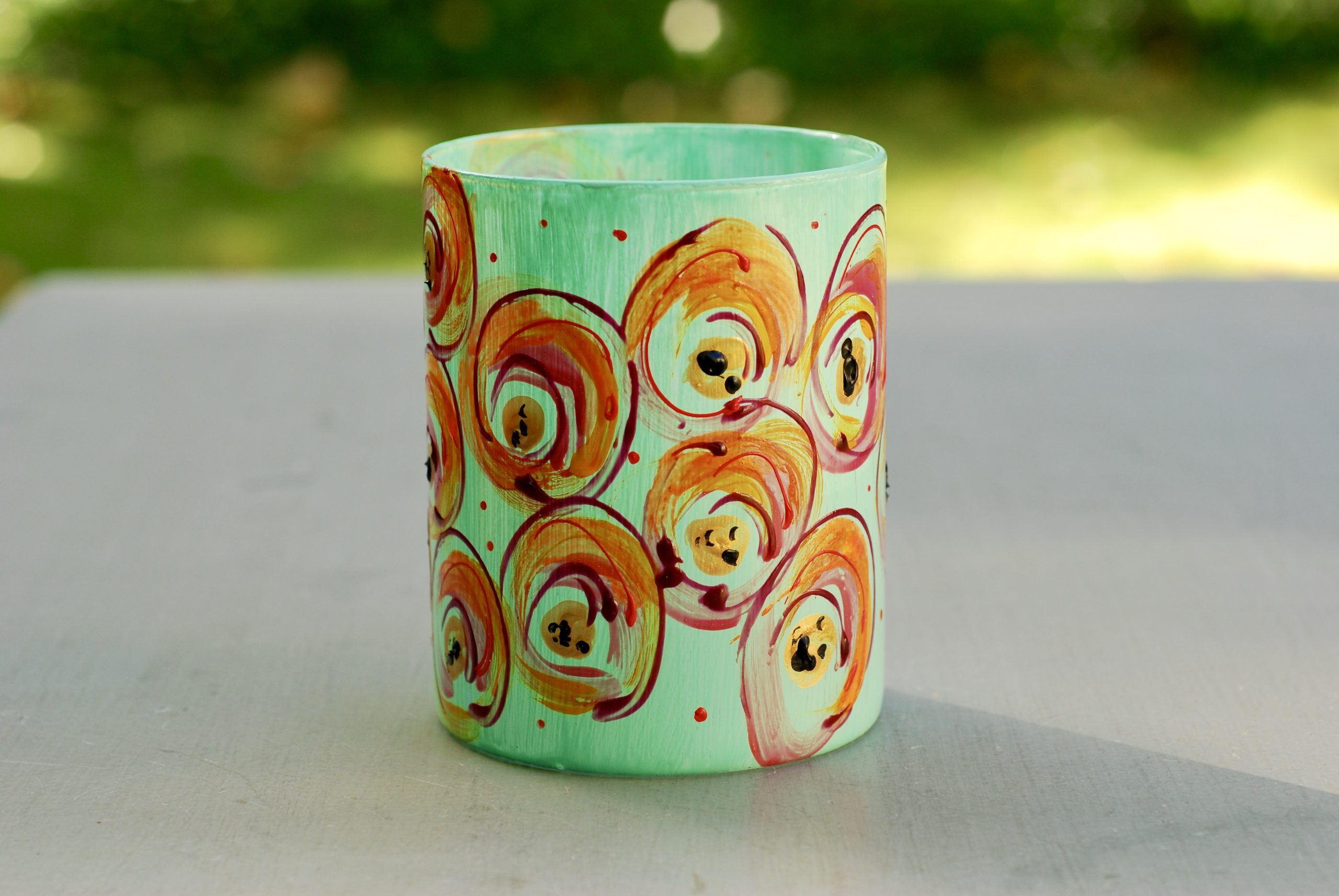 Glazen handgeschilderde bloemenvaas turkoois