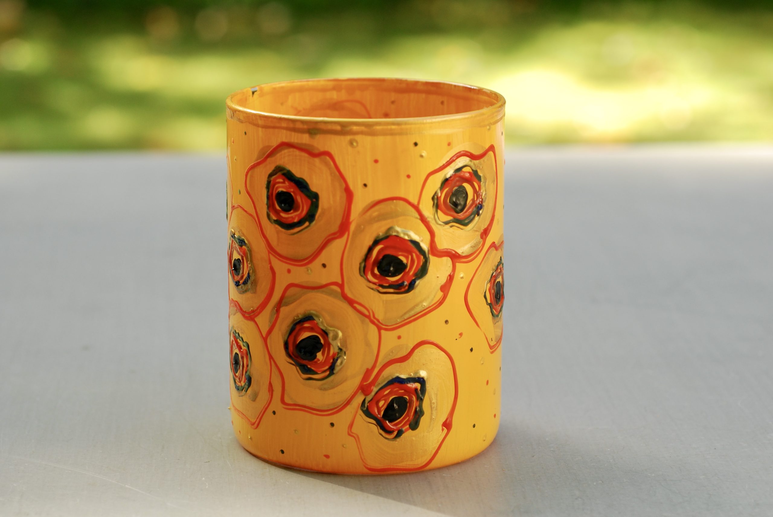 Glazen handgeschilderde bloemenvaas geel