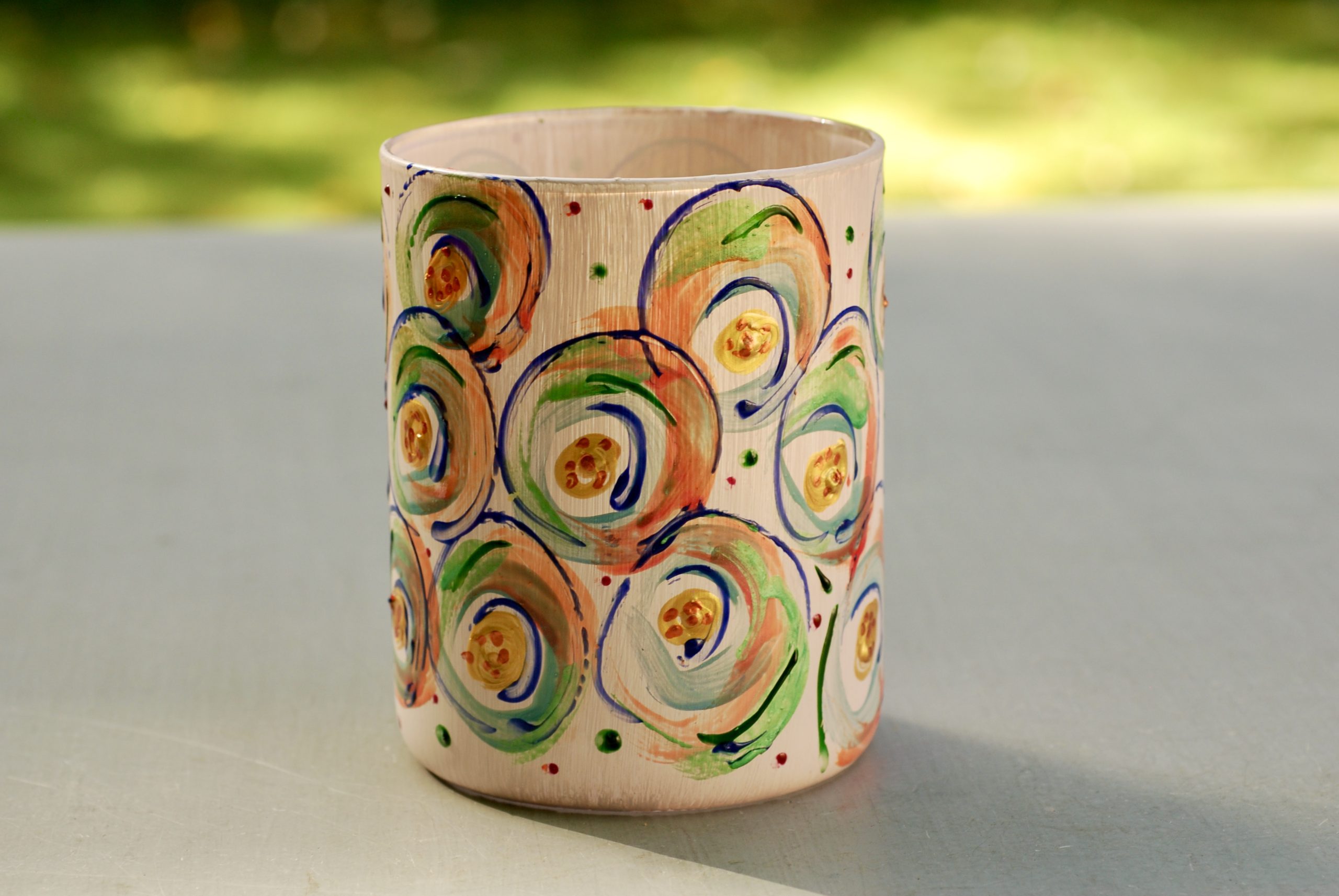 Glazen handgeschilderde bloemenvaas licht roze