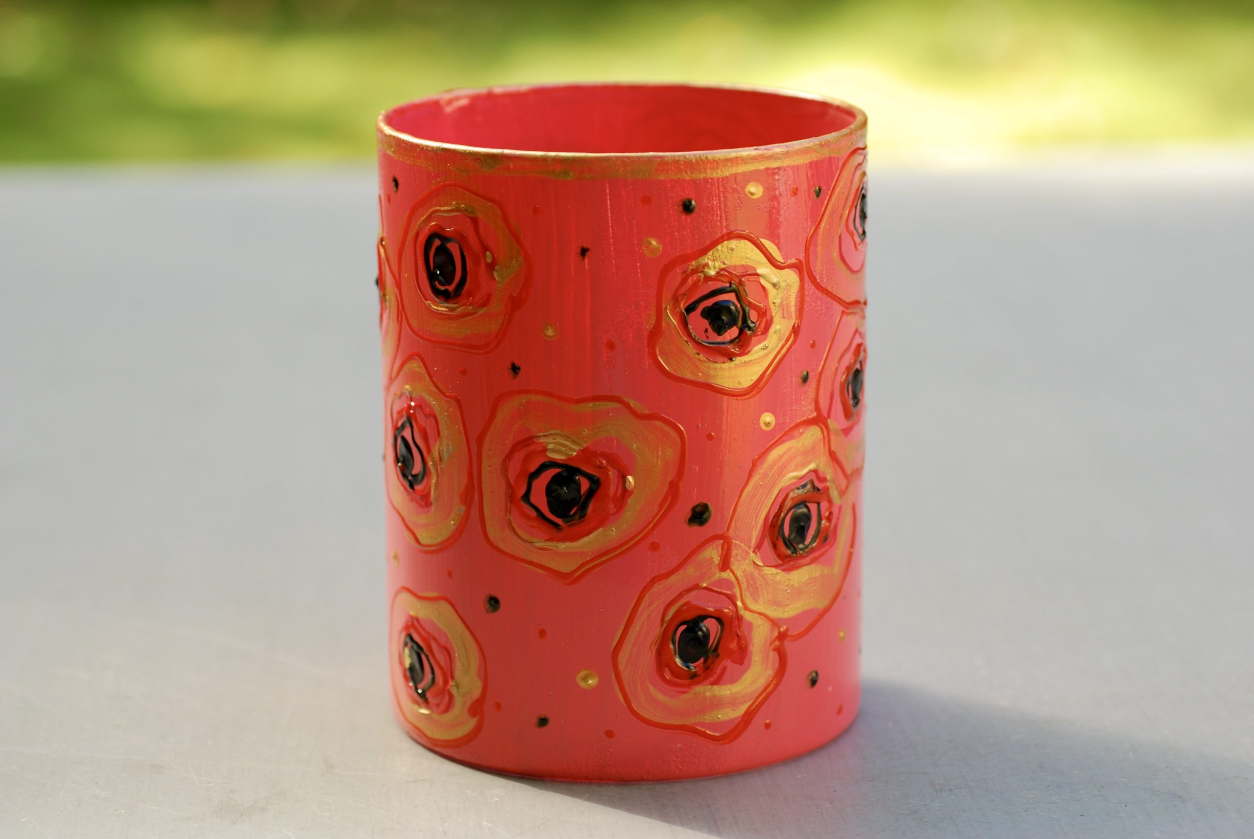 Glazen handgeschilderde bloemenvaas fel roze