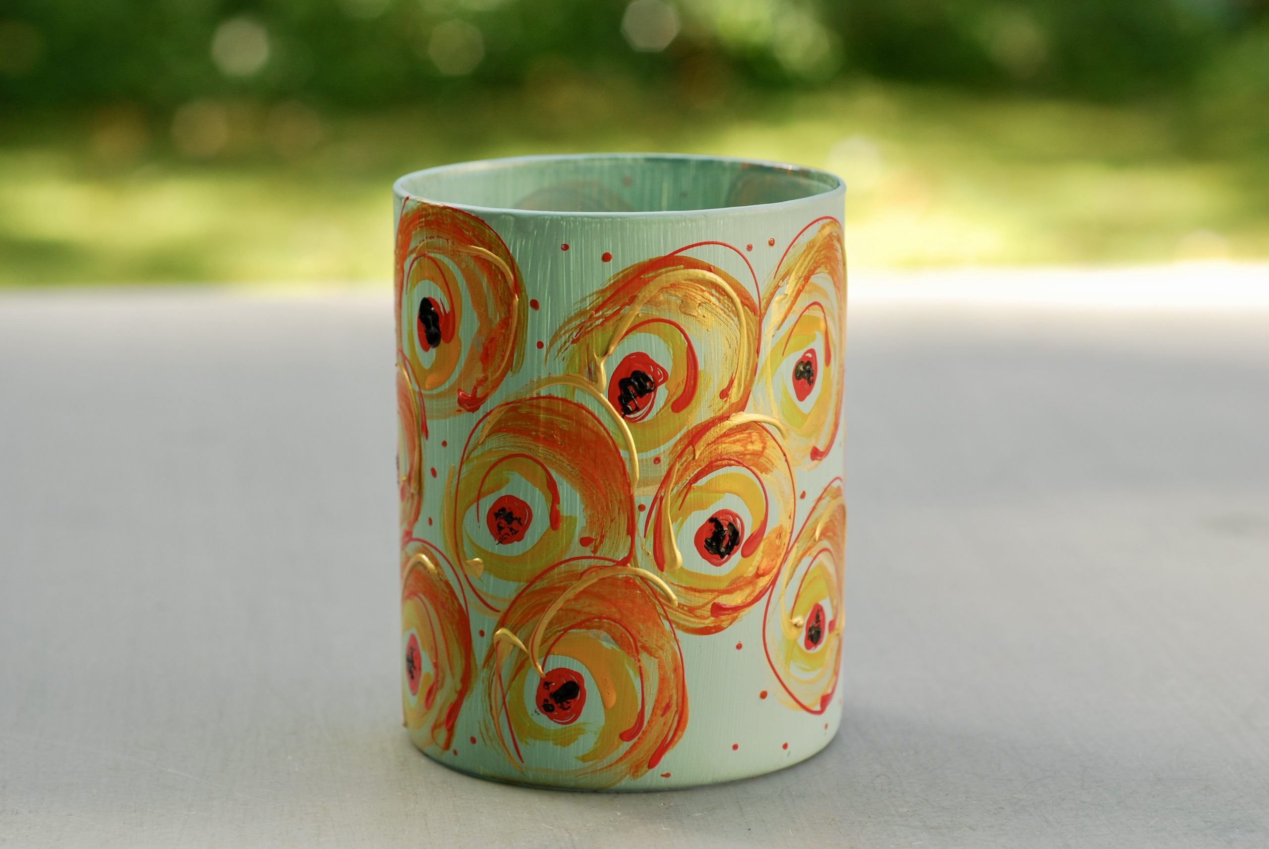 Glazen handgeschilderde bloemenvaas turkoois