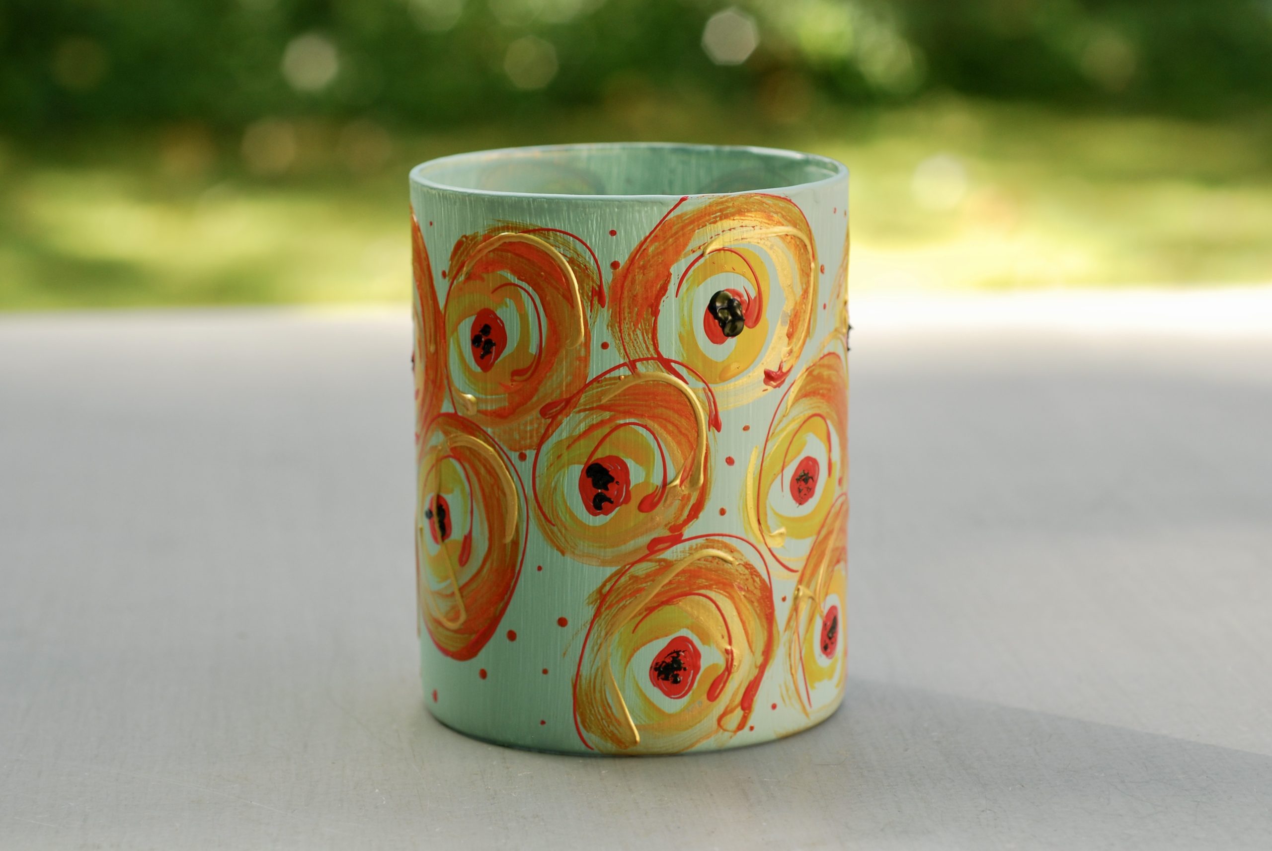 Glazen handgeschilderde bloemenvaas turkoois