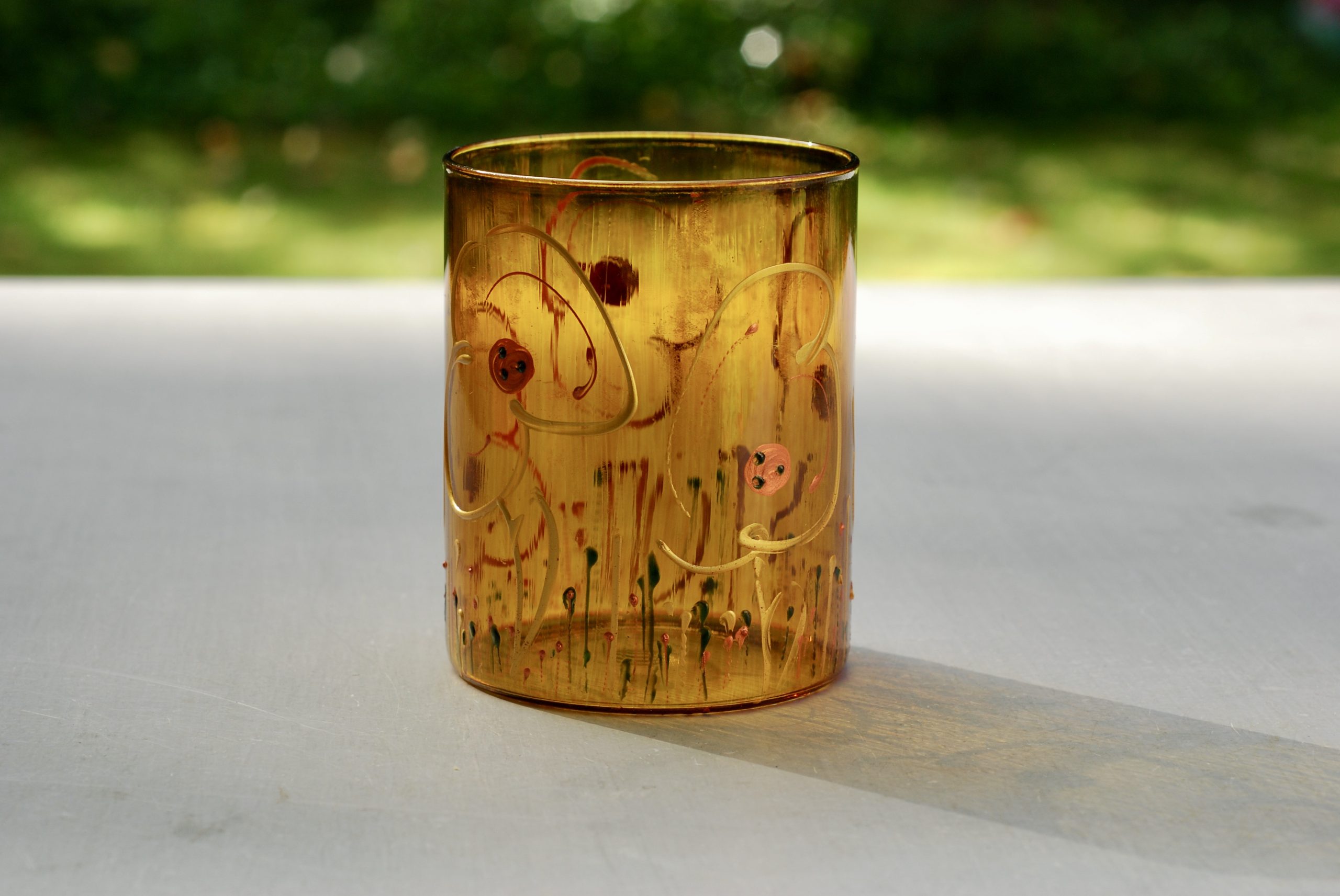 Glazen handgeschilderde bloemenvaas bruin