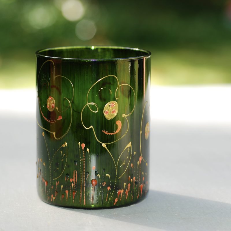 Glazen handgeschilderde bloemenvaas donker groen