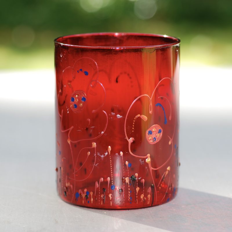 Glazen handgeschilderde bloemenvaas rood