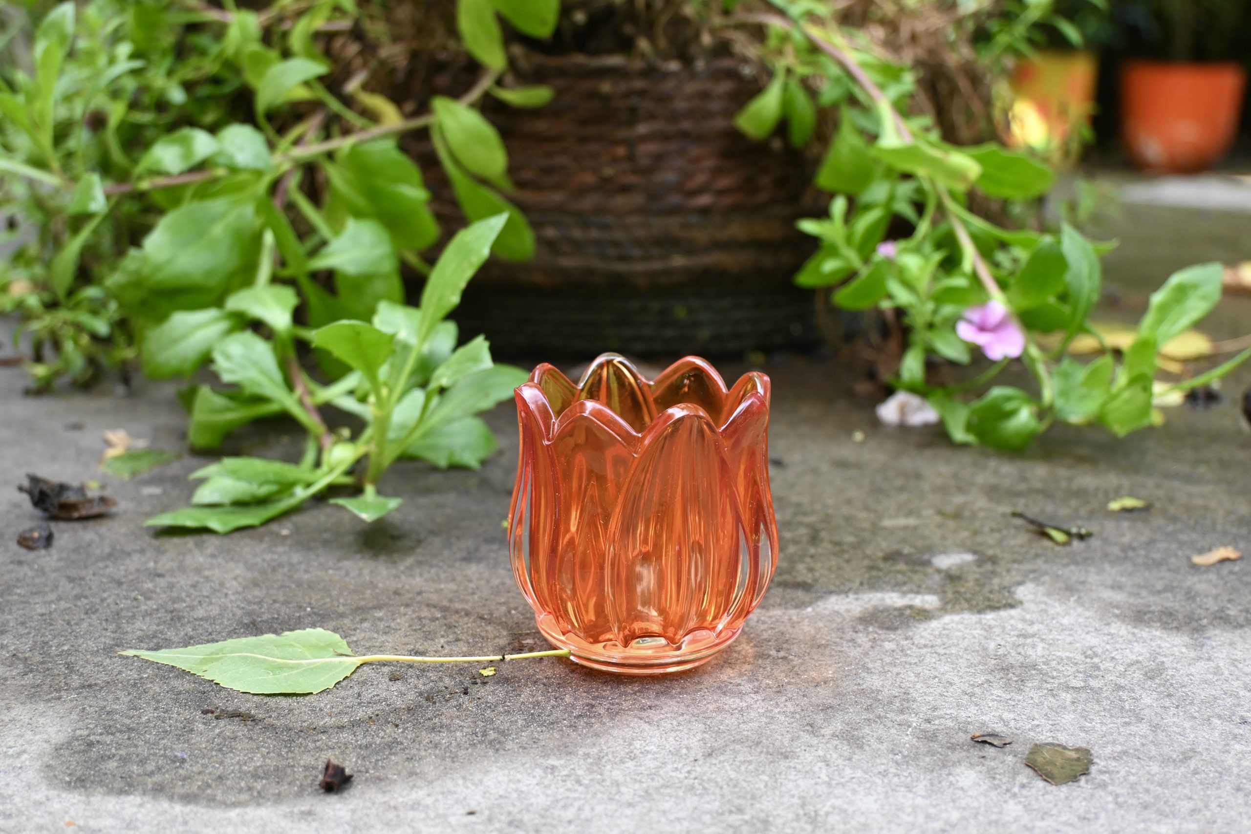 Theelicht in glas oranje tulpvorm