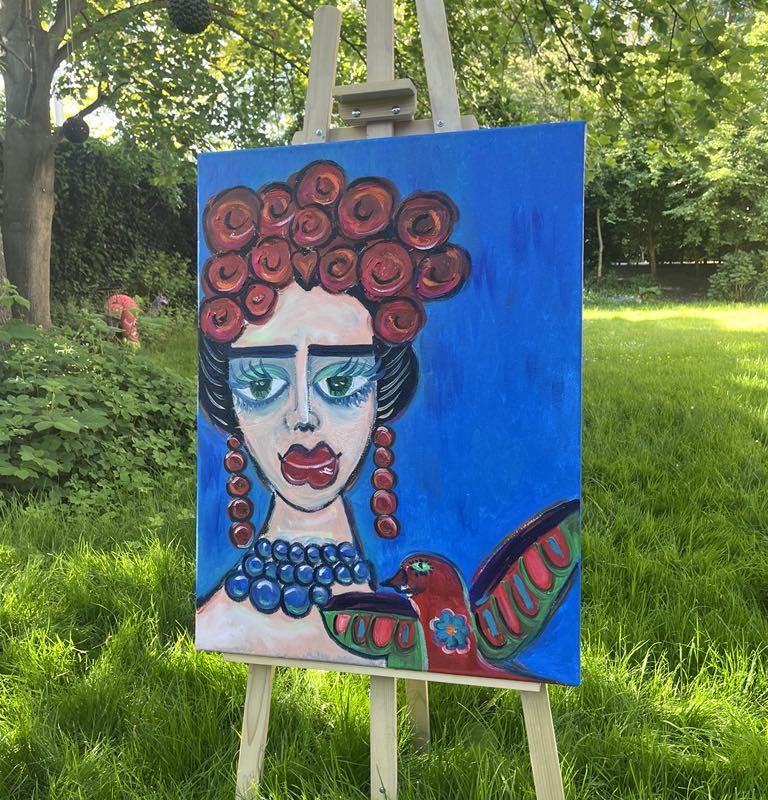 Olieverf schilderij " Eyes of the bird, Heart of Frida "