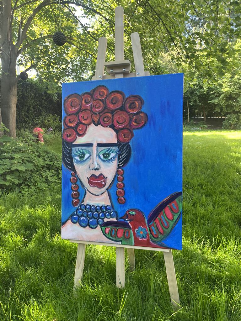 Olieverf schilderij " Eyes of the bird, Heart of Frida "